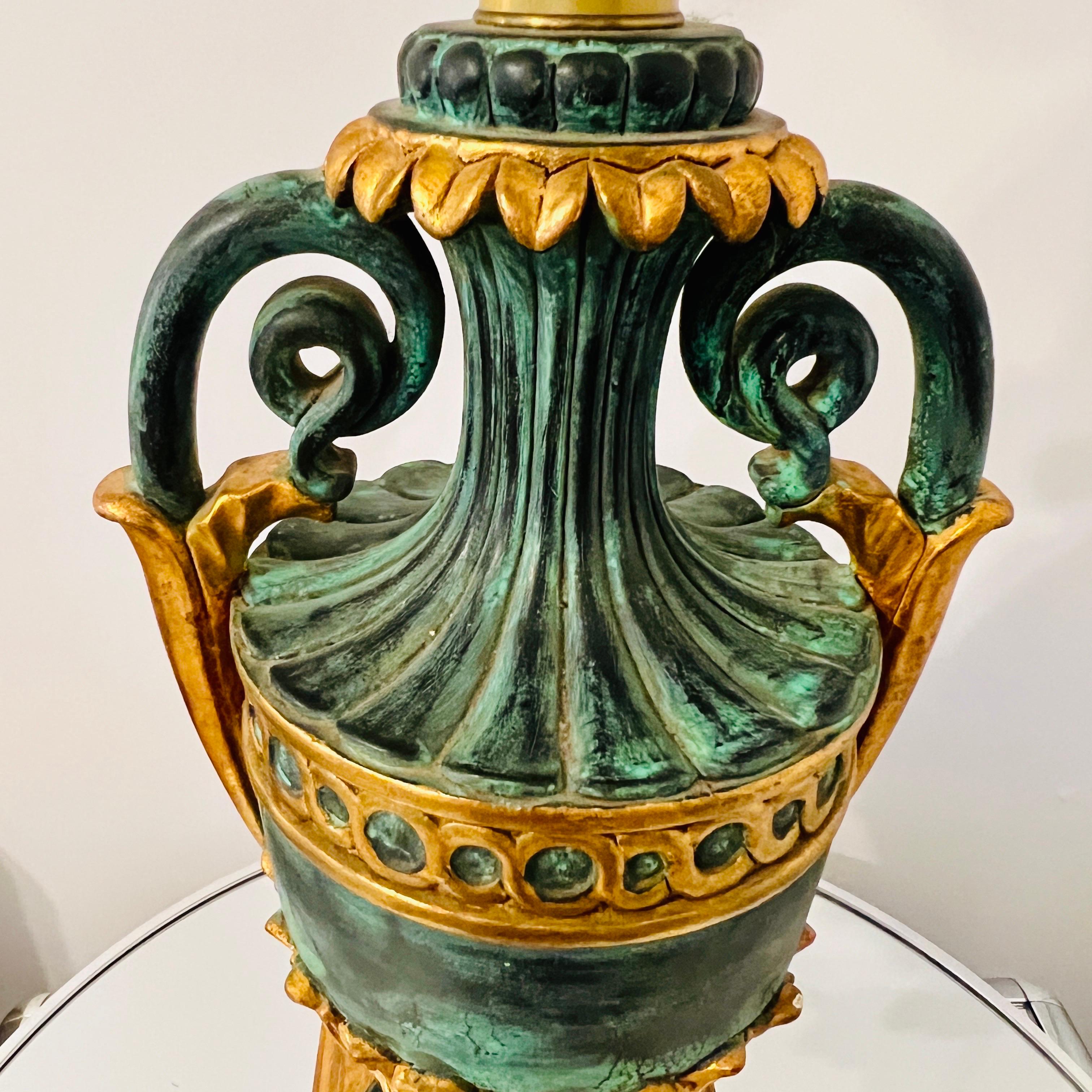 Neoclassical Urn Lamp in Giltwood and Painted Verdigris, Italy, c. 1970's 2