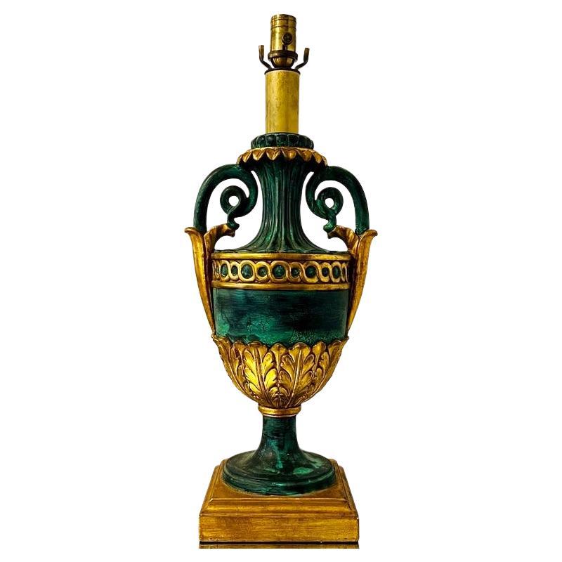 Neoclassical Urn Lamp in Giltwood and Painted Verdigris, Italy, c. 1970's