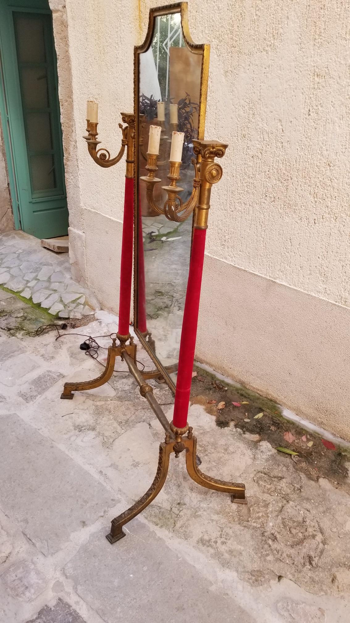 Neoclassical Venetian Brass Standing Mirror In Good Condition For Sale In Los Angeles, CA