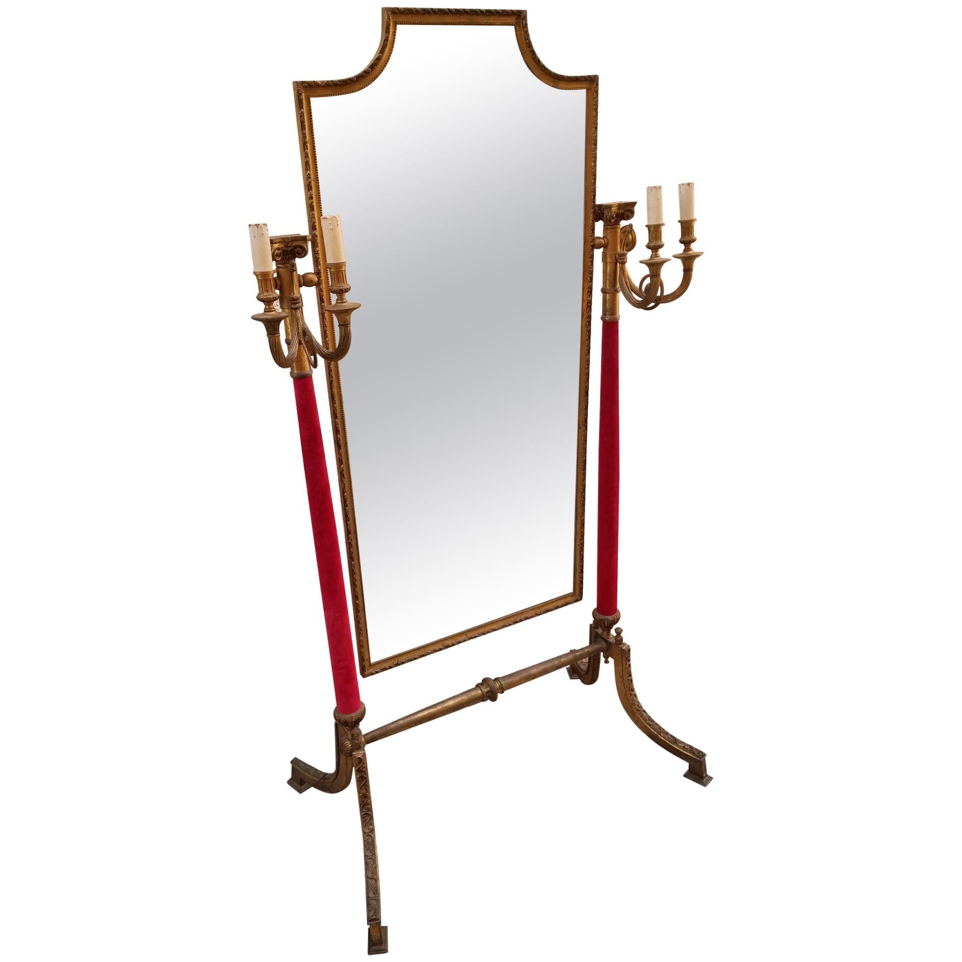 Neoclassical Venetian Brass Standing Mirror For Sale