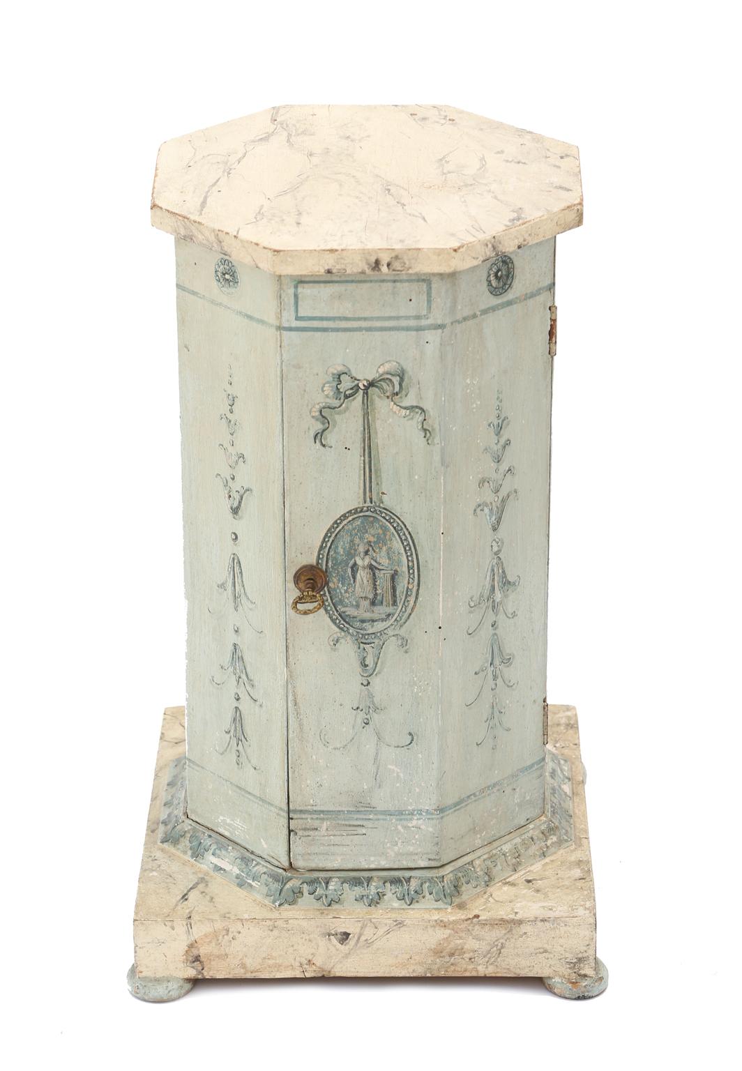 Pedestal pot stand, having a painted finish showing natural wear, its faux painted octagonal top, on conforming base, hand painted with classical plaques and motifs, single cupboard door with key, opens to reveal single shelf, raised on square