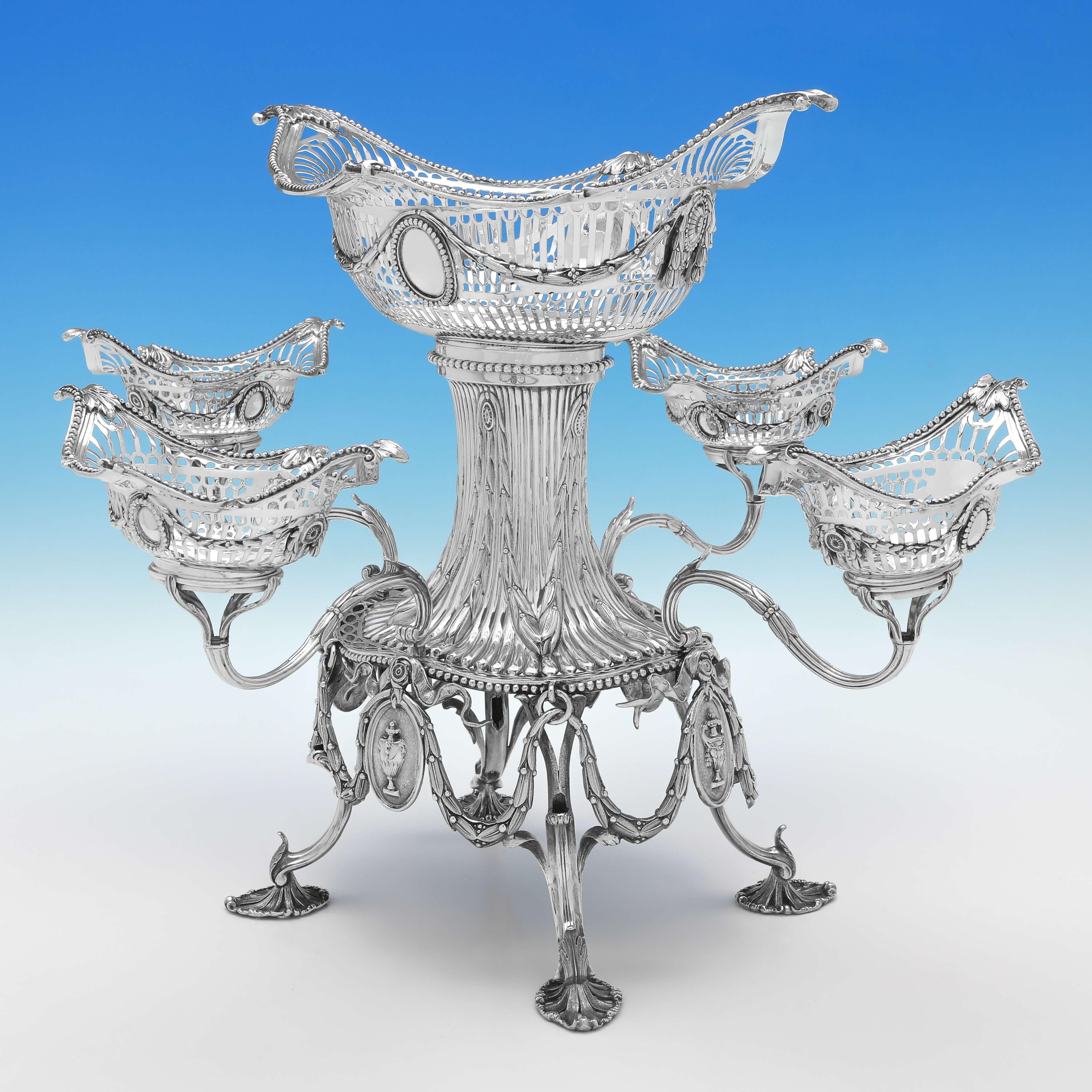 Neoclassical Victorian Antique Sterling Silver Centrepiece or Epergne, 1892 For Sale 3