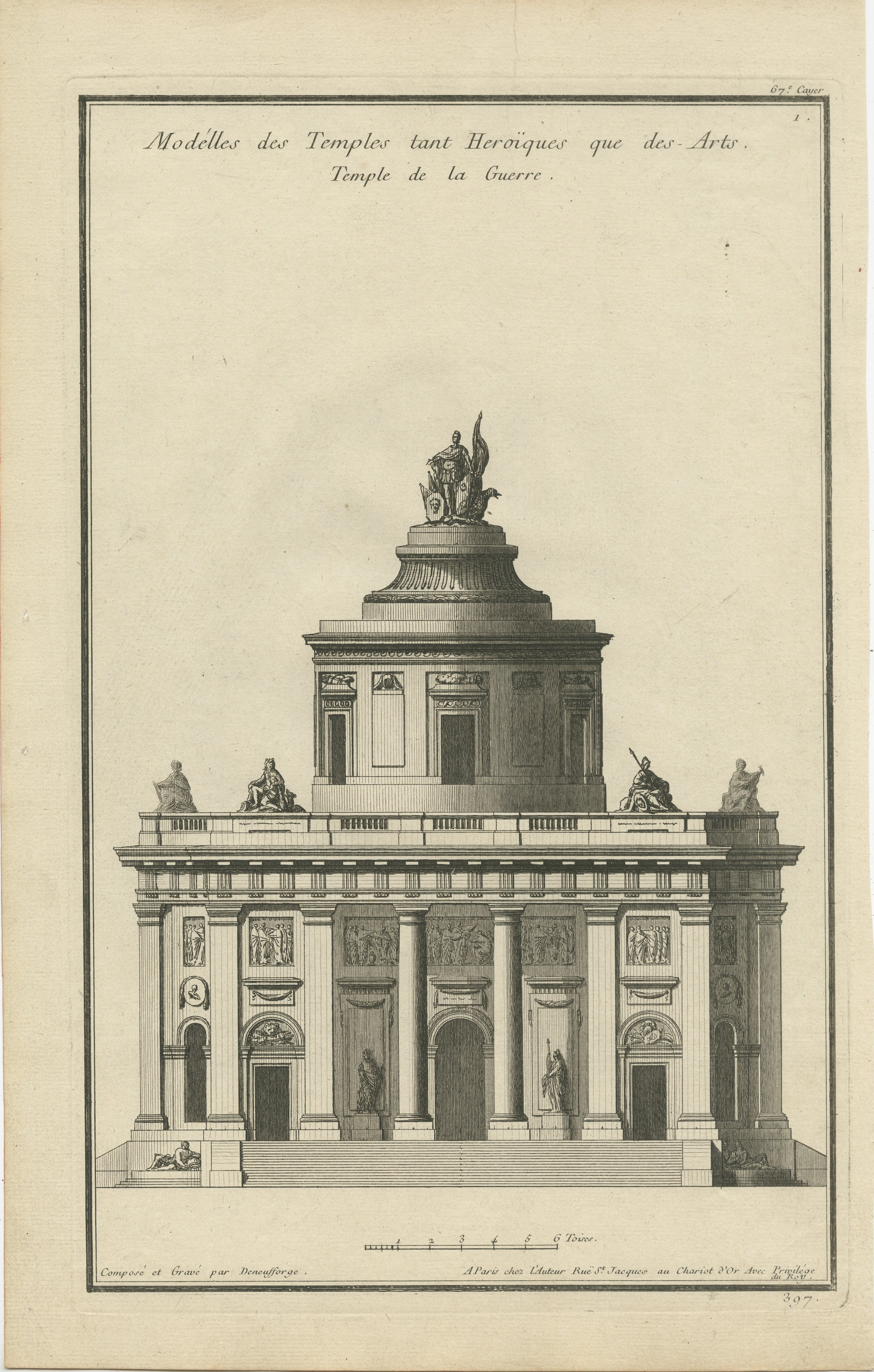 Engraved Neoclassical Visions: De Neufforge's Temple Designs Original Engravings, ca.1770 For Sale