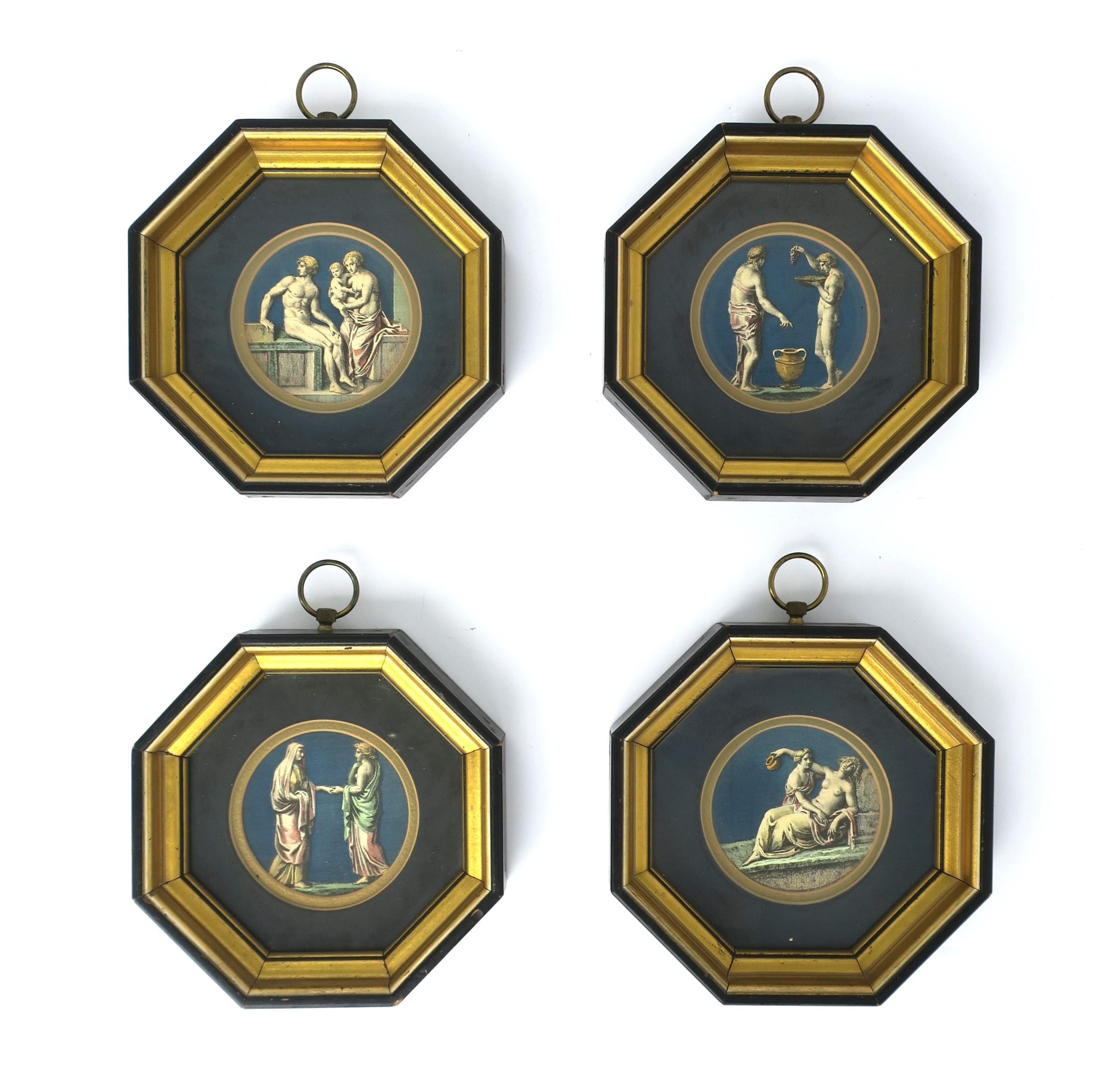 A beautiful set of four (4) Neoclassical wall art scenes, circa mid-20th century, Europe. Set includes four different scenes with dark blue and gold octagonal wood frame, matting, protective glass barrier, and round brass loop detail at top. Each