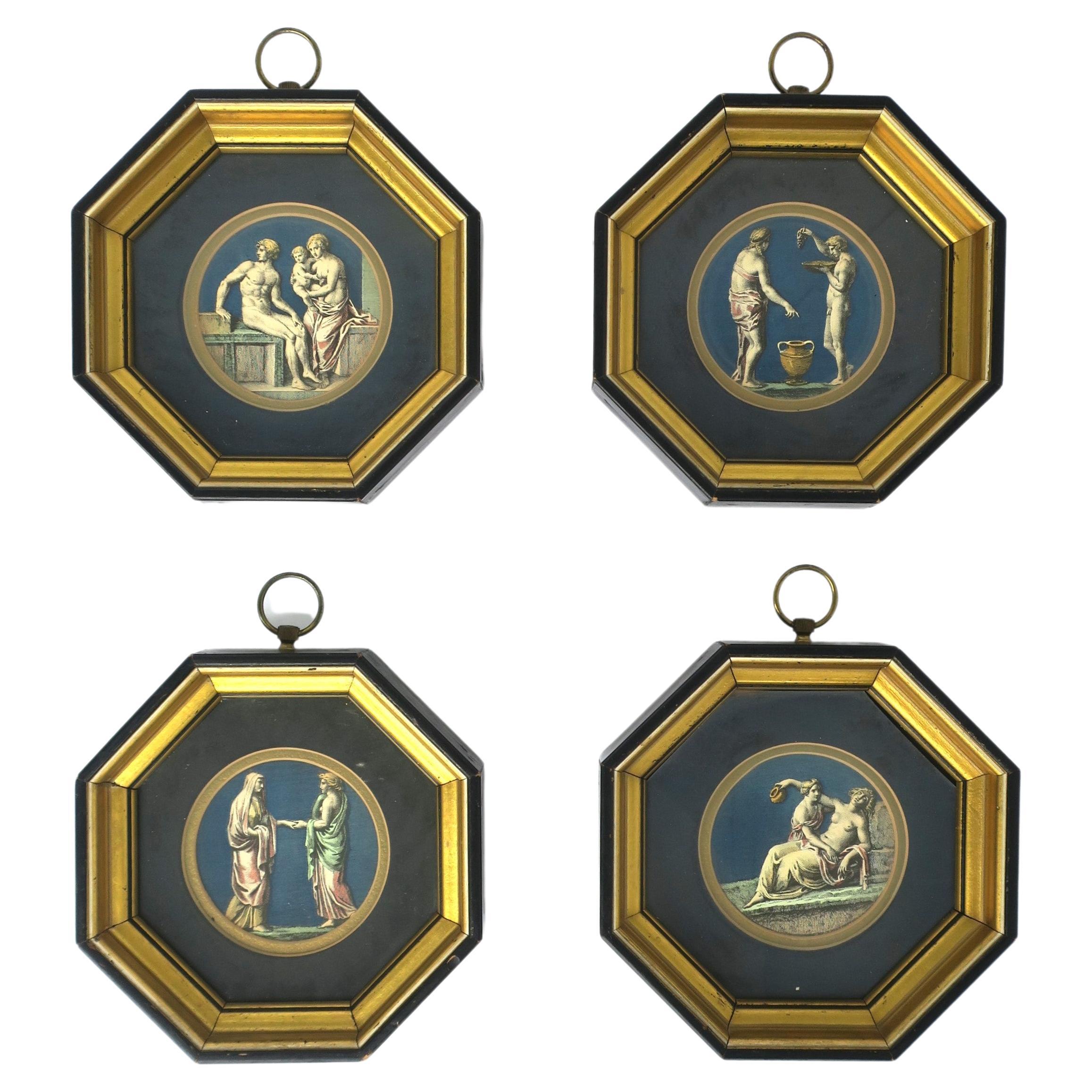 Set von 4 neoklassizistischen Wandkunst-Szenen in Gold und Blau