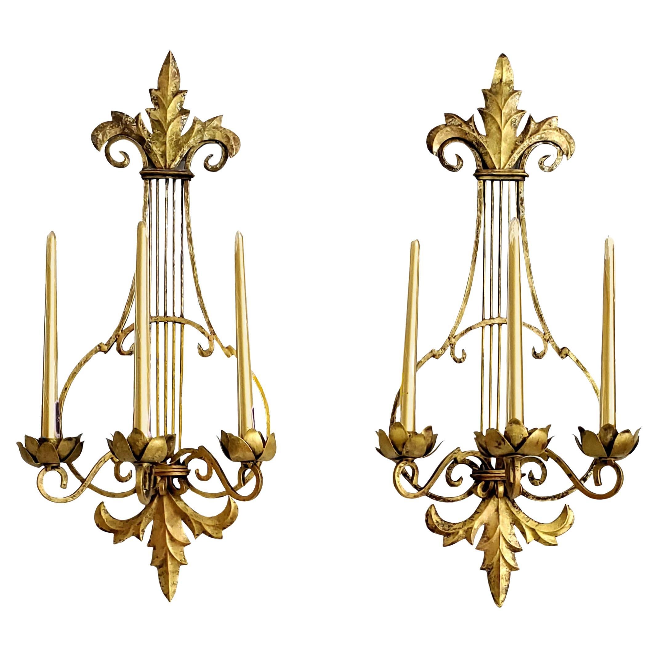 Neoclassical Wall Candle Sconces with Metallic Gold Faux Paint on Metal, 1980s For Sale