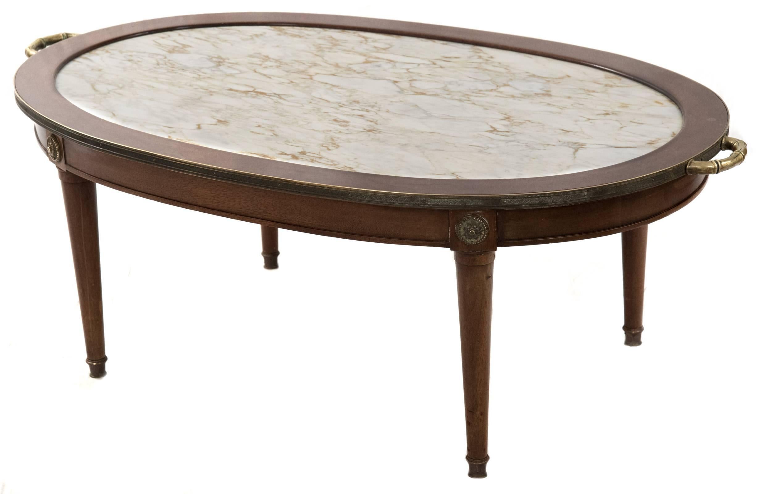 Neoclassical Walnut and Marble Inset Coffee Table In Good Condition In Salt Lake City, UT