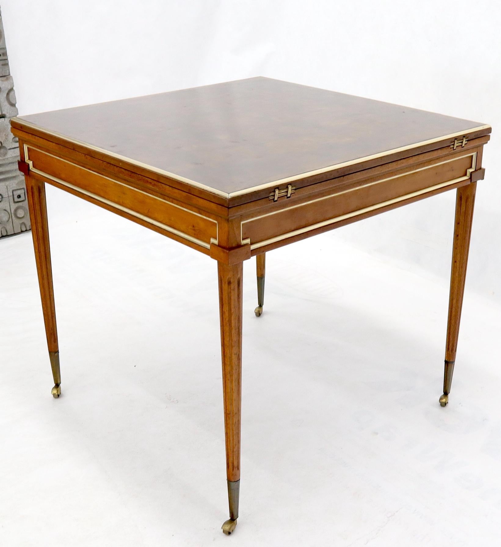 Embossed Neoclassical Walnut Gold Gilt Trim Leather Flip Top Game Dining Table Brass