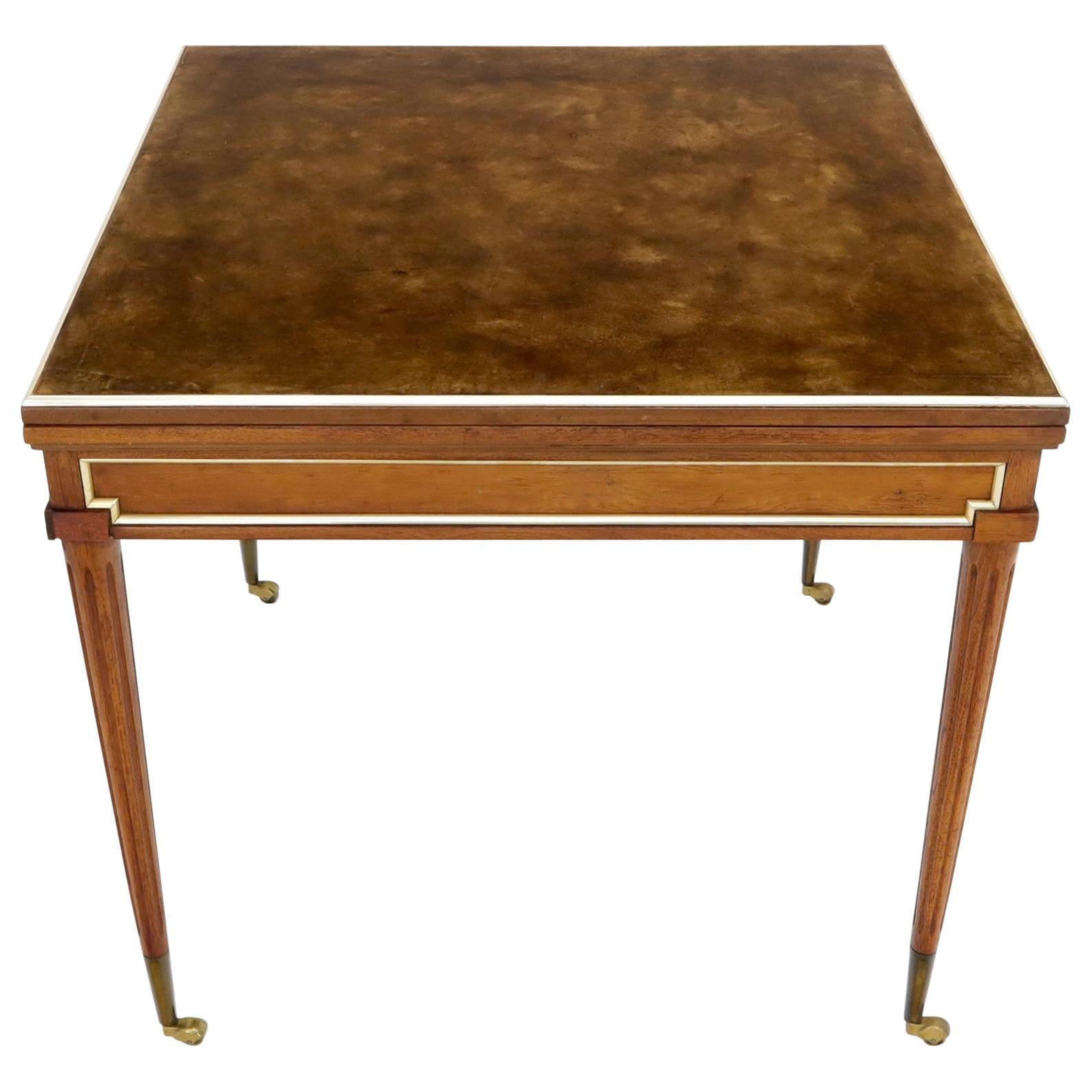 Neoclassical Walnut Gold Gilt Trim Leather Flip Top Game Dining Table Brass