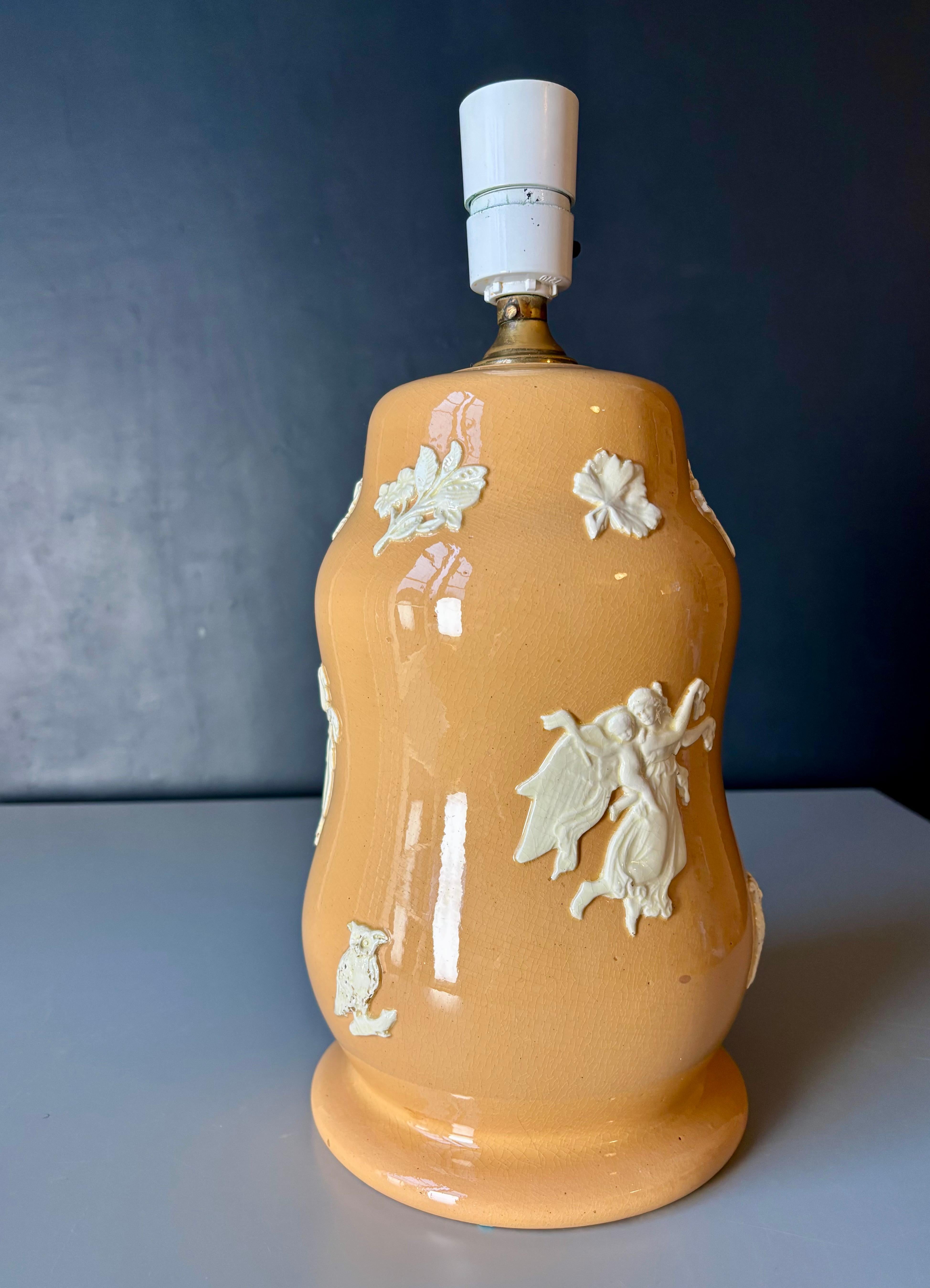 Glazed Neoclassical Wedgwood Style Warm Yellow Table Lamp, circa 1950s For Sale