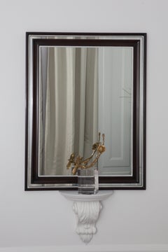 Neoclassical White and Dark Finishing Mirror with White Decorative Carved Shelf
