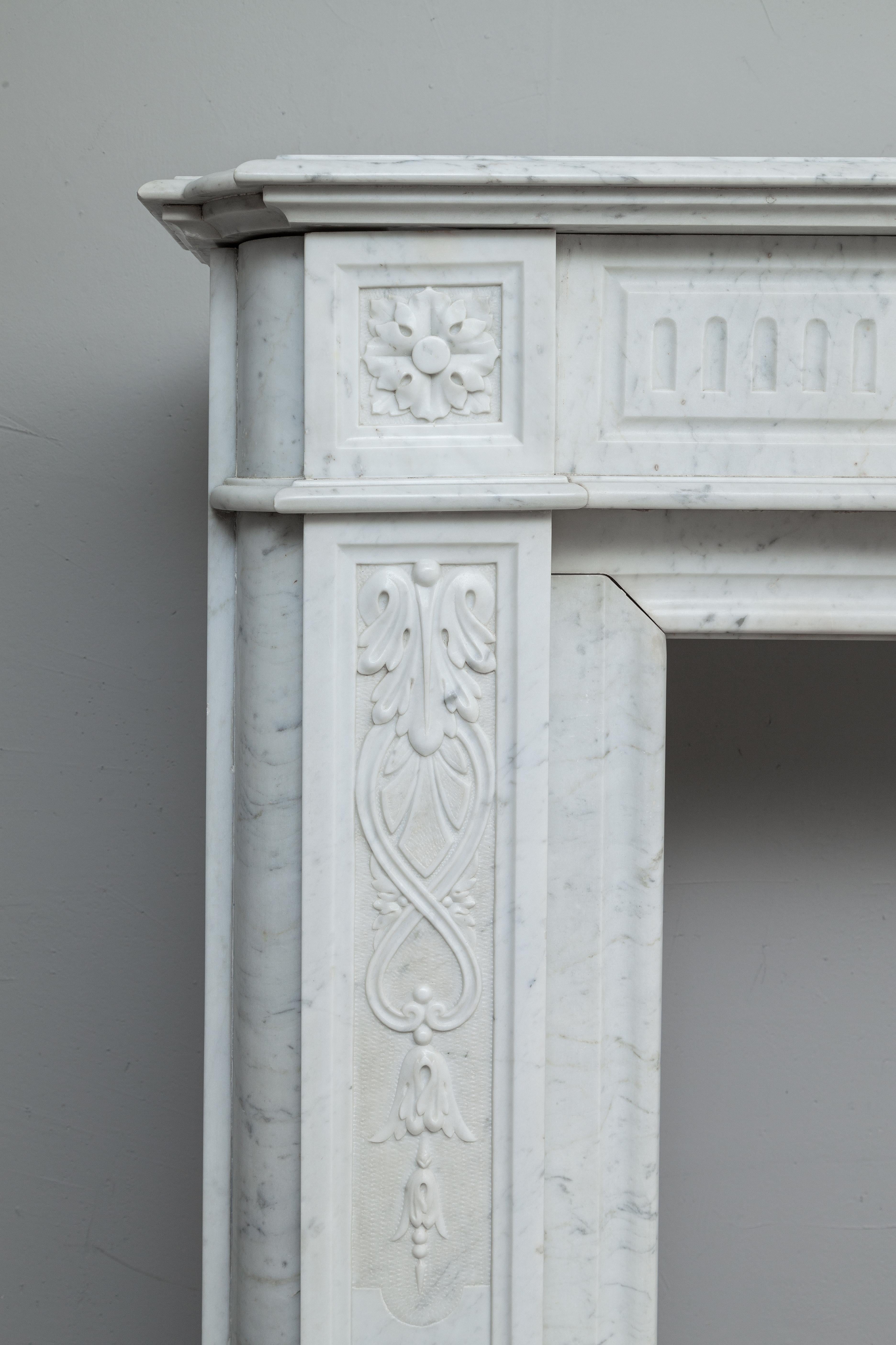 Hand-Carved French Neoclassical White Carrara Marble Antique Fireplace