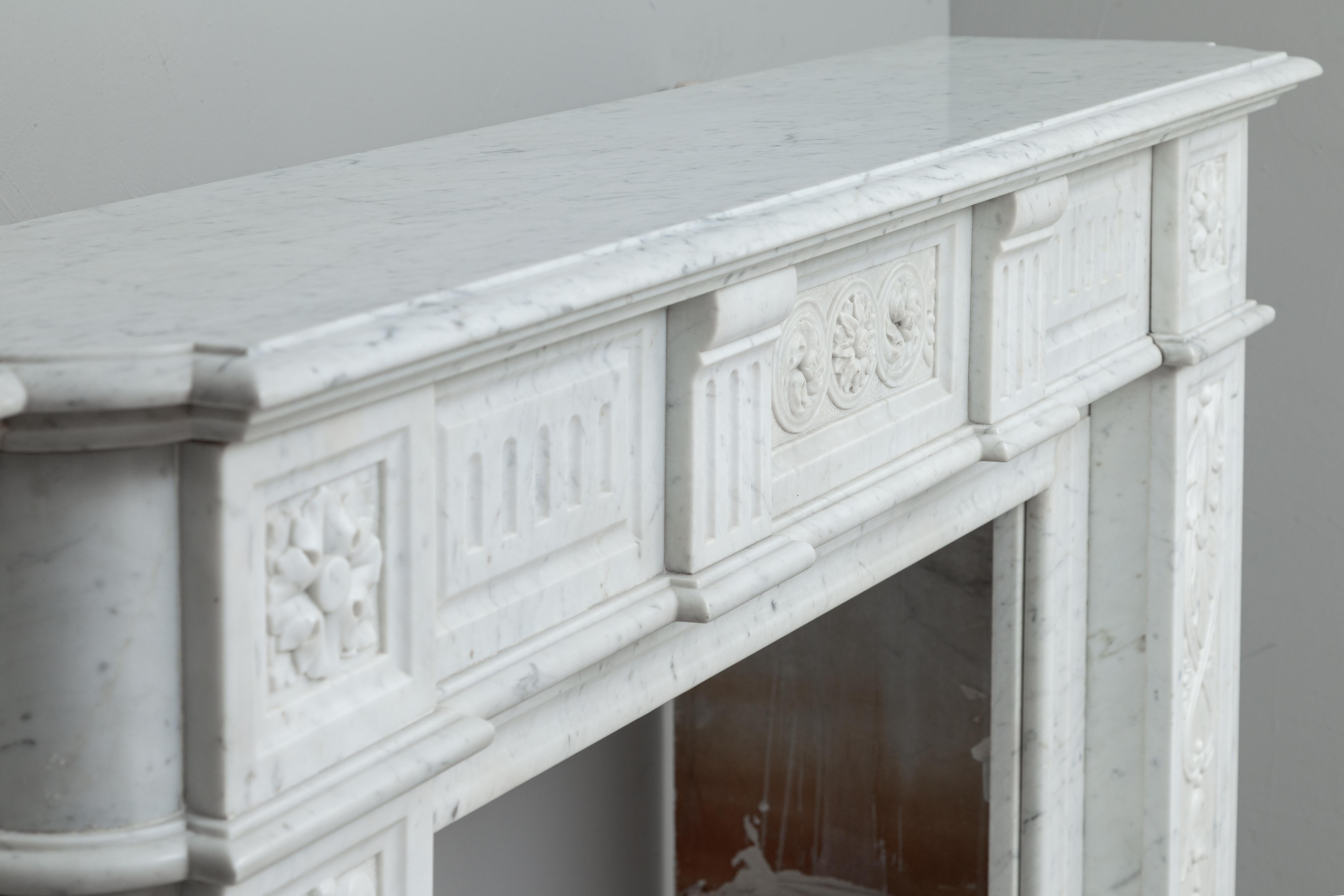 19th Century French Neoclassical White Carrara Marble Antique Fireplace