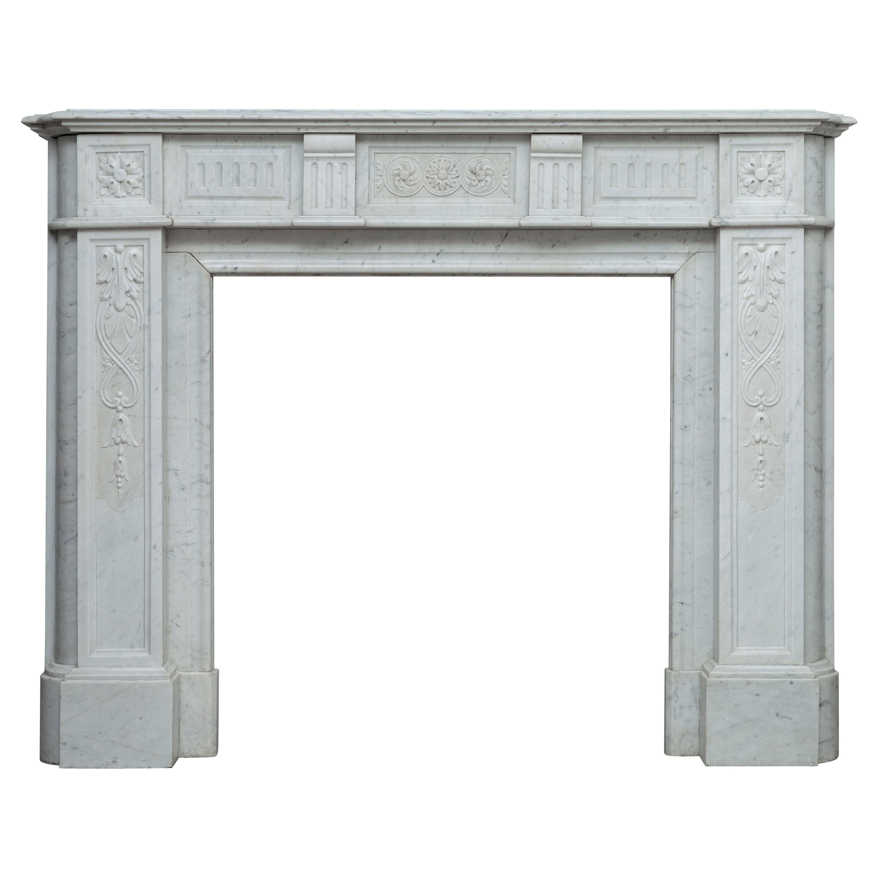 French Neoclassical White Carrara Marble Antique Fireplace