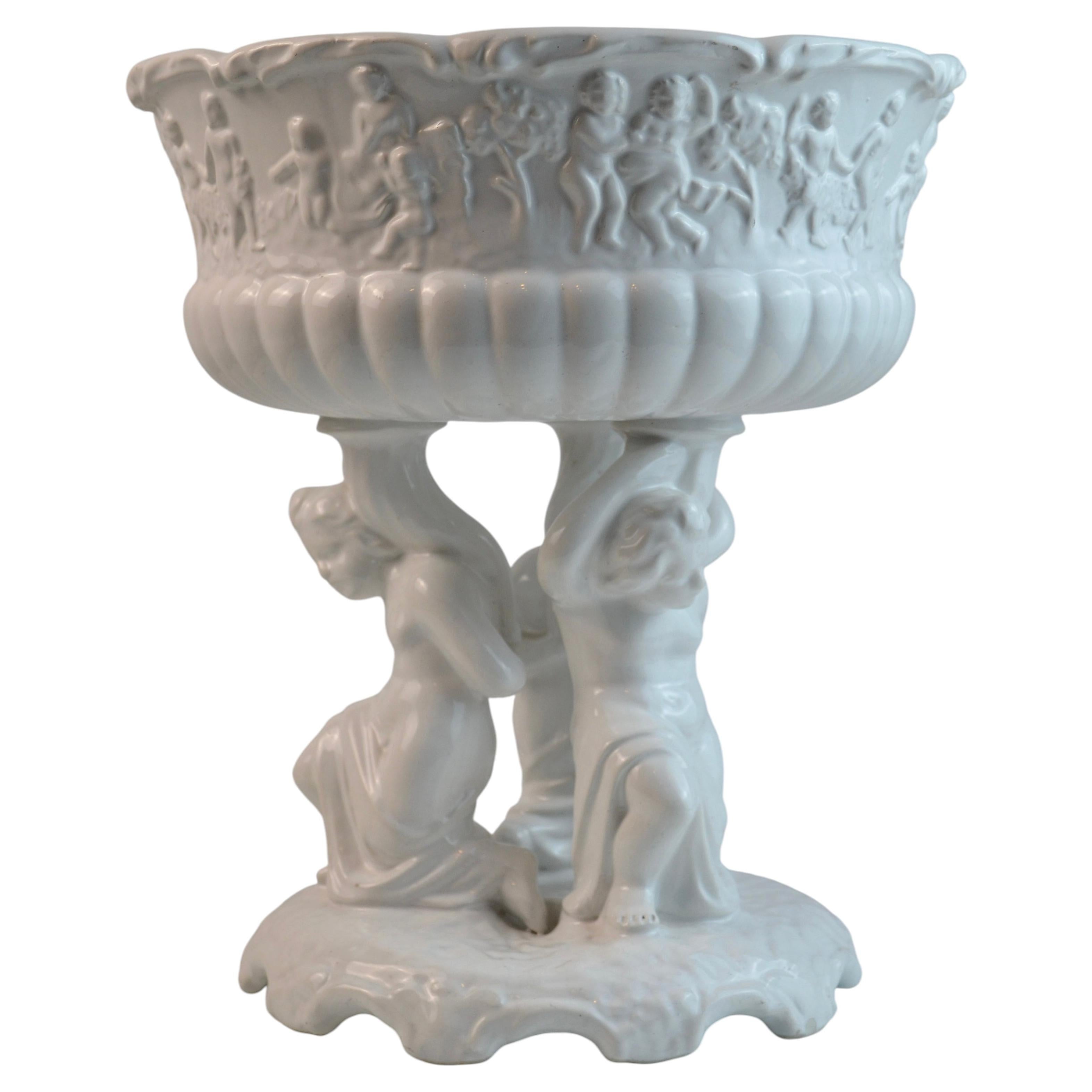 Neoclassical White Glazed Ceramic Fruit Compote, Portugal, 1970s