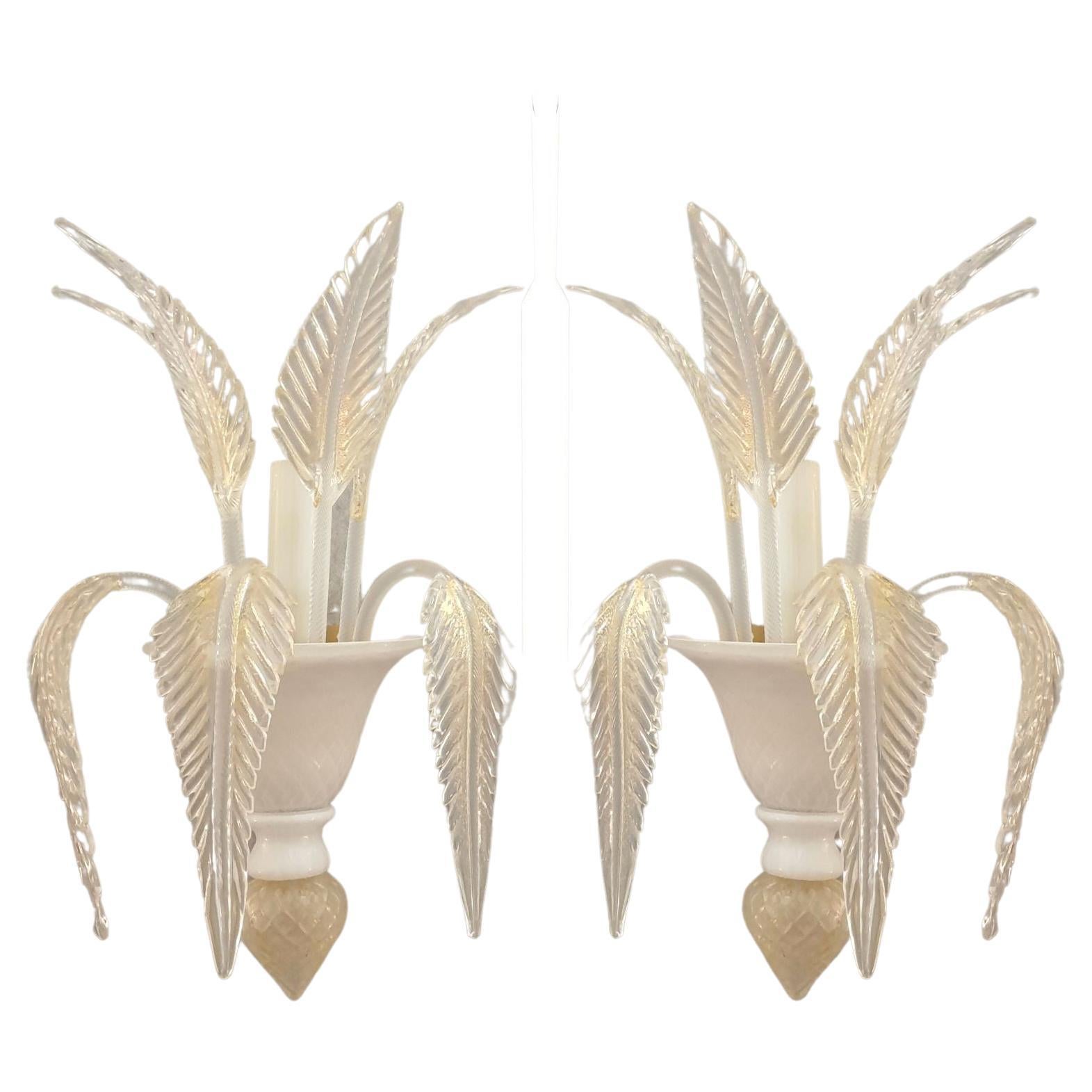 White-gold Murano glass sconces - a pair For Sale