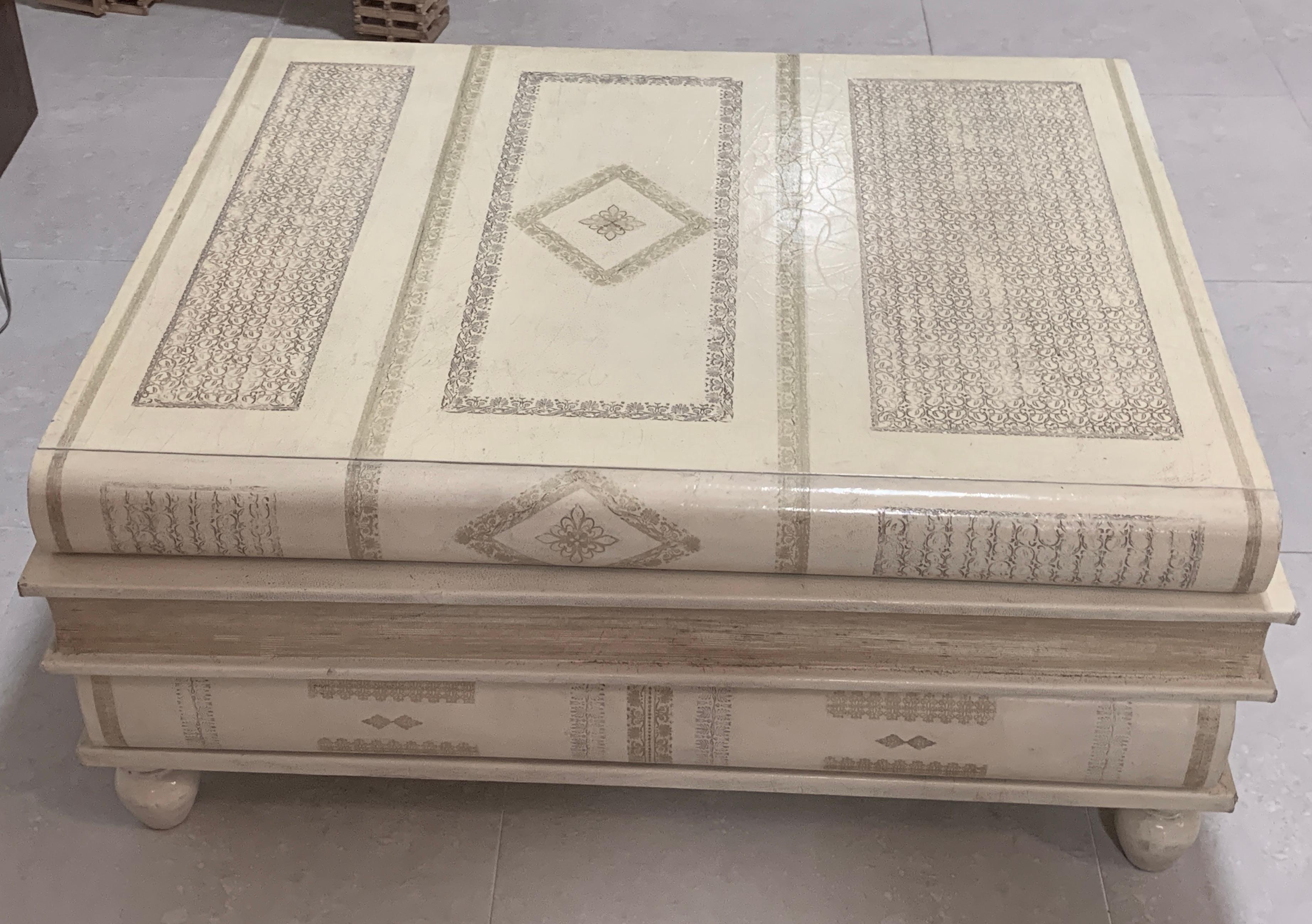 Embossed Neoclassical White-Parchment Leather Book Coffee Table by Maitland-Smith For Sale