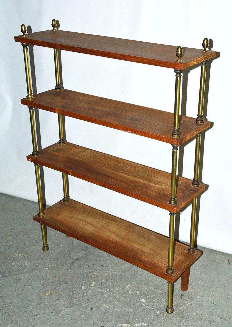 Classical brass and wood etagere with 4 shelves. Great for displaying photos, books or collectables. A wonderful size book case for any room and be able to fit into tight spaces.