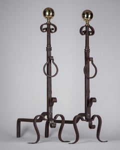 Neoclassical Wrought Iron and Polished Brass Fireplace Andirons, Circa 1900