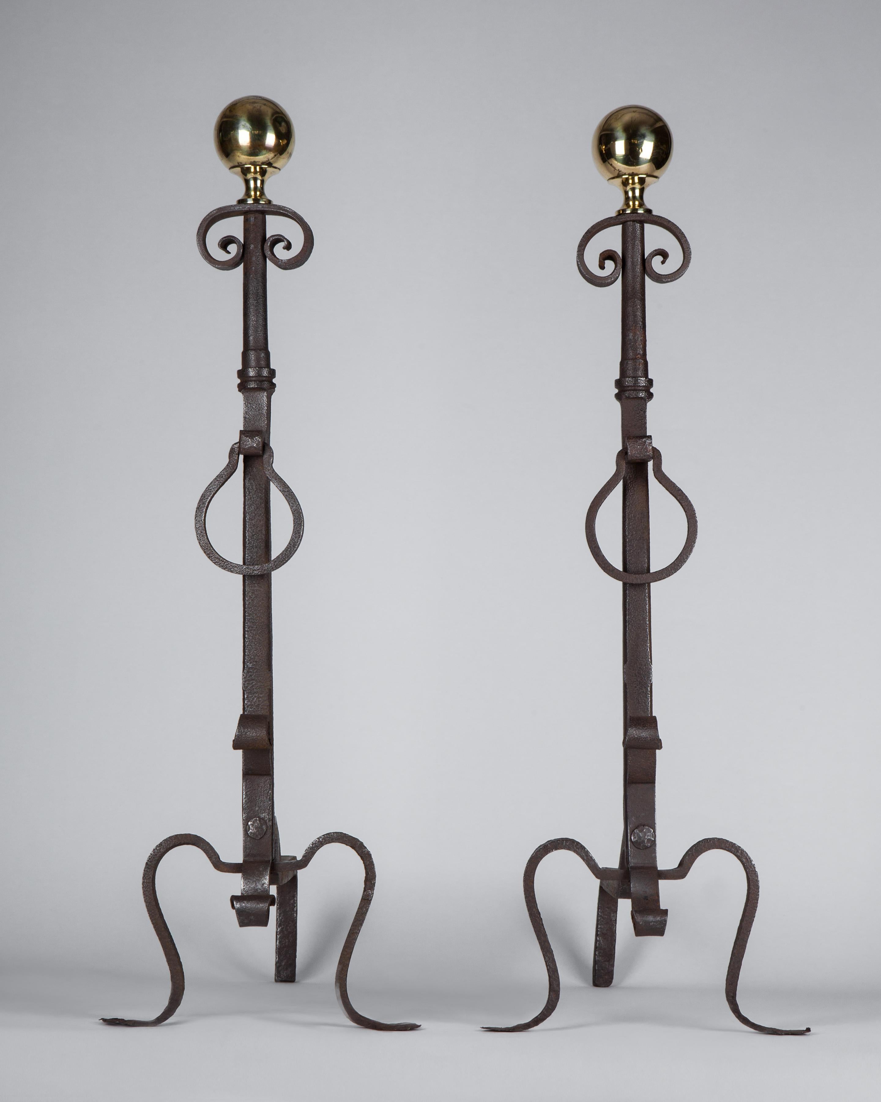 Forged Neoclassical Wrought Iron and Polished Brass Fireplace Andirons, Circa 1900 For Sale