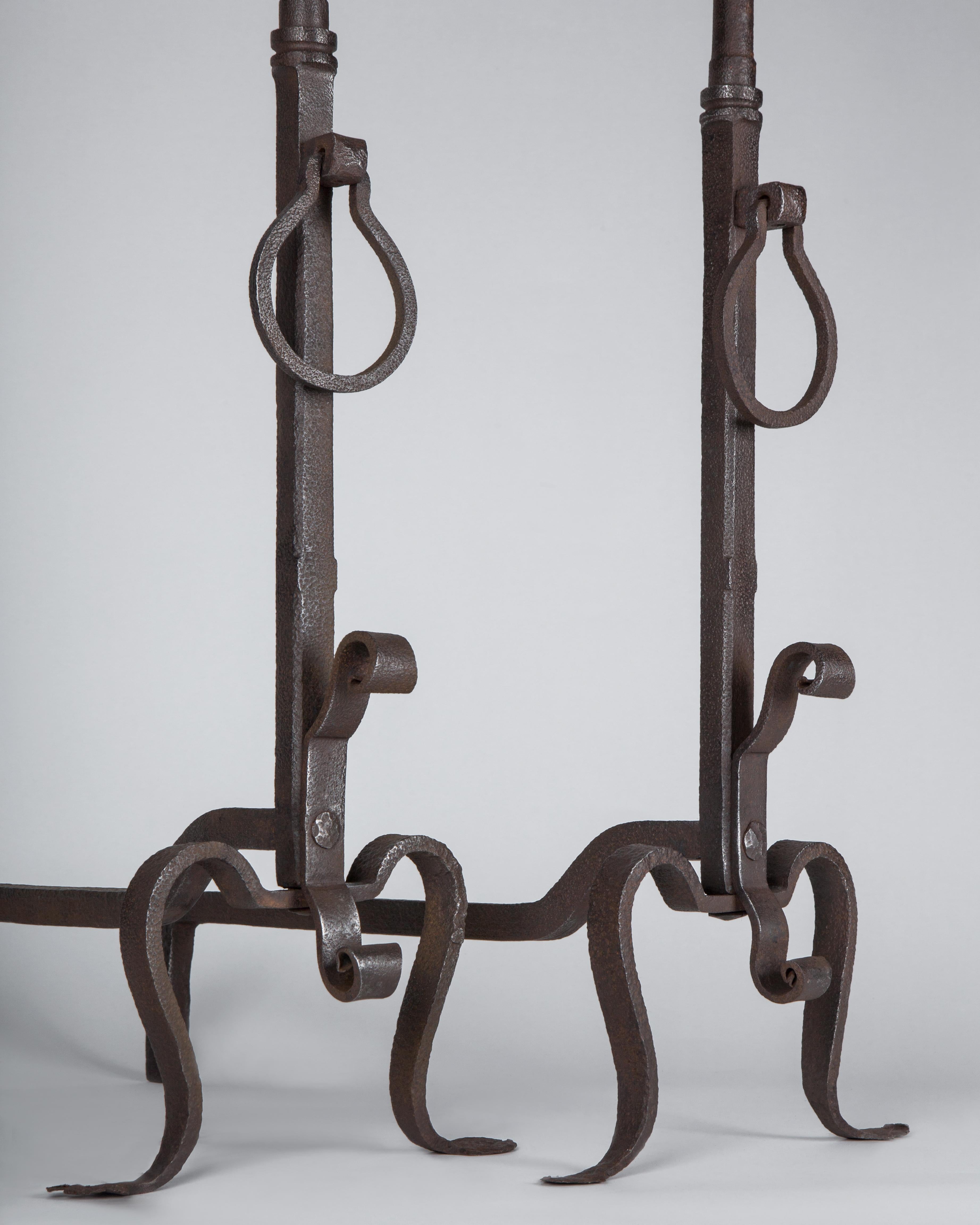 Neoclassical Wrought Iron and Polished Brass Fireplace Andirons, Circa 1900 For Sale 2