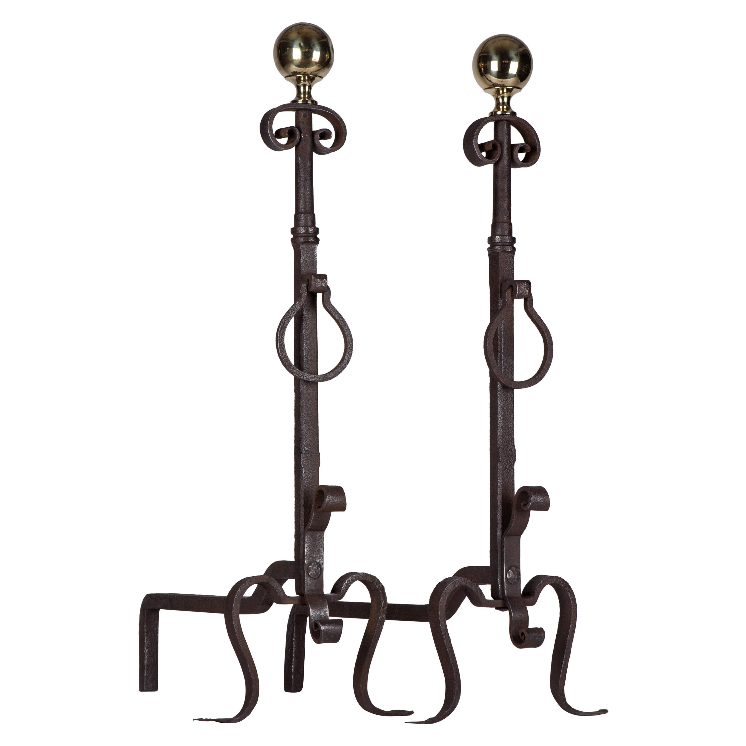 Neoclassical Wrought Iron and Polished Brass Fireplace Andirons, Circa 1900 For Sale