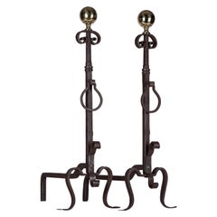 Antique Neoclassical Wrought Iron and Polished Brass Fireplace Andirons, Circa 1900