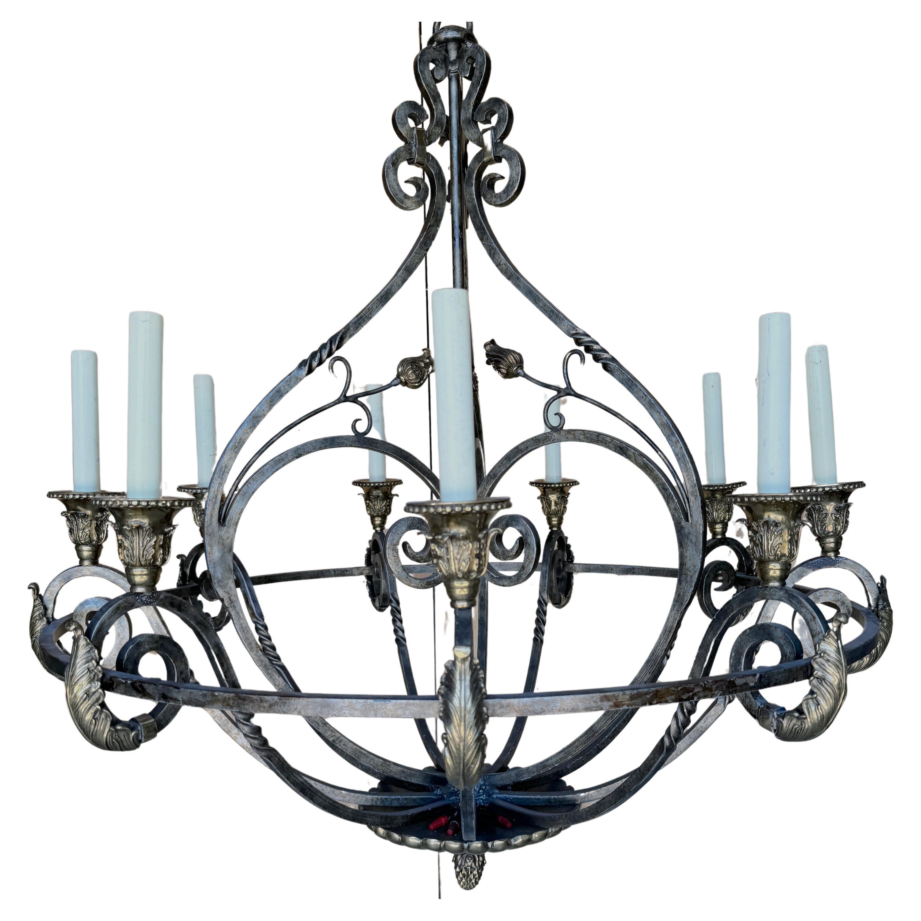 Neoclassical Wrought Iron & Brass 8-Light Chandelier, by Maitland Smith For Sale