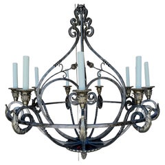 Vintage Neoclassical Wrought Iron & Brass 8-Light Chandelier, by Maitland Smith