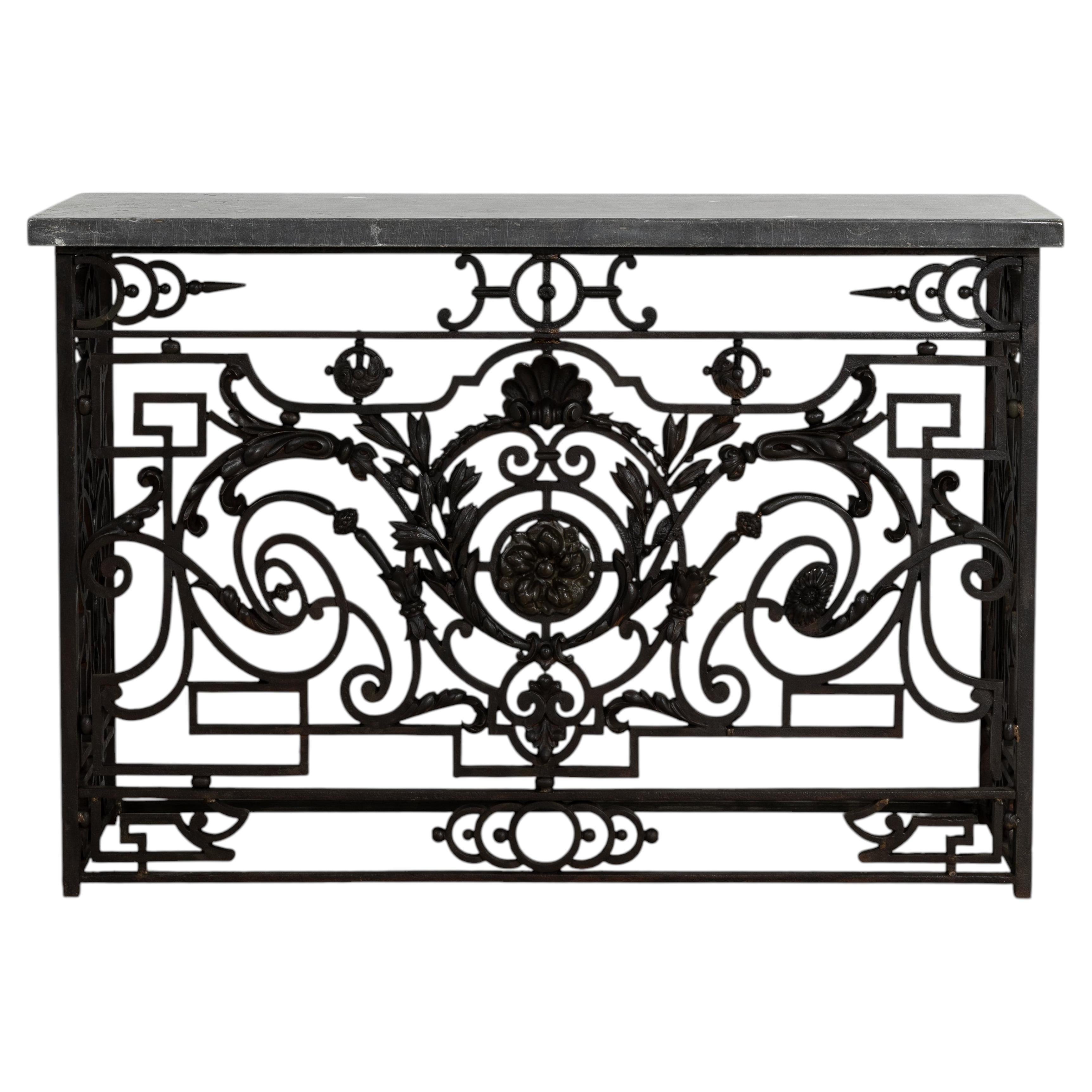 Neoclassical Wrought Iron Console With Belgian Bluestone For Sale
