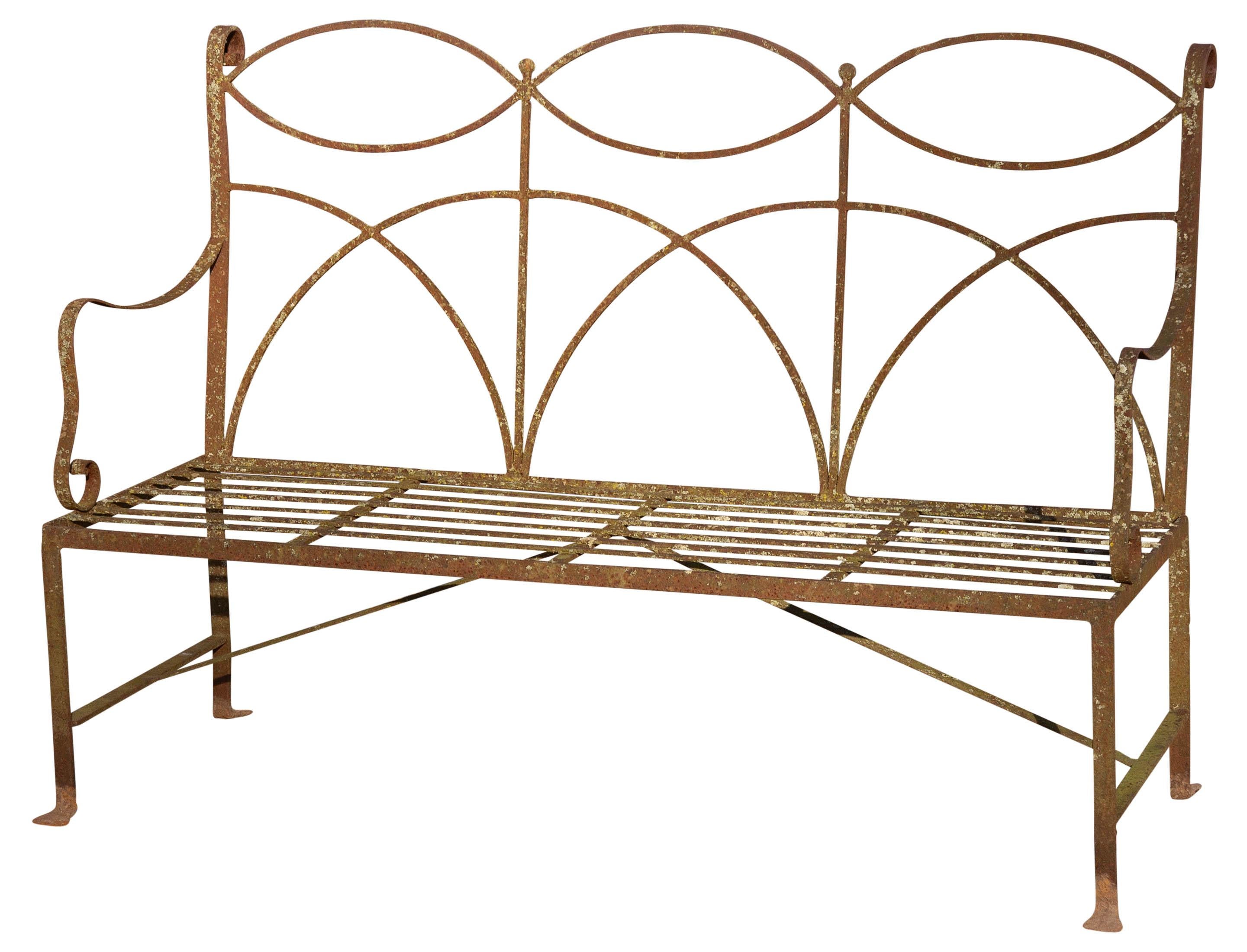 Hand-Crafted Neoclassical Wrought Iron Garden Bench Four-Seat