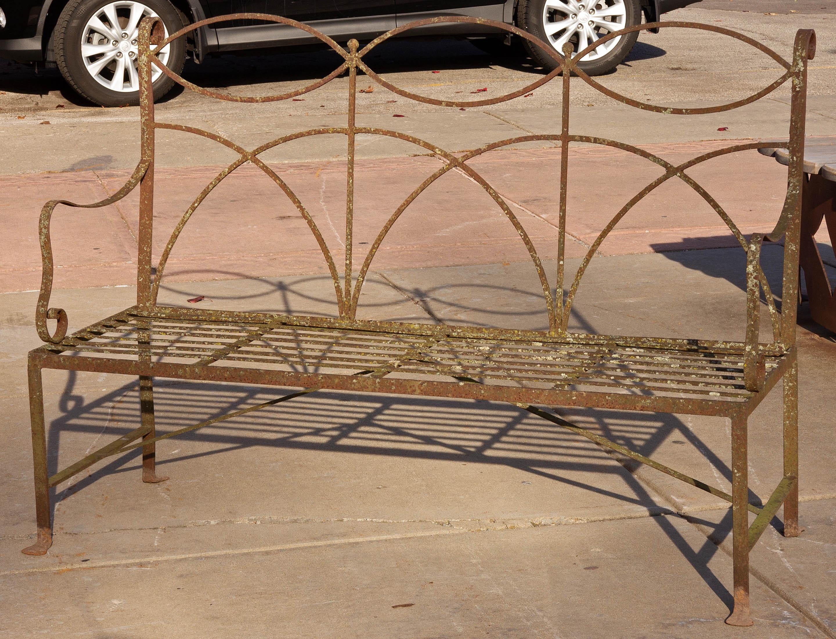 20th Century Neoclassical Wrought Iron Garden Bench Four-Seat