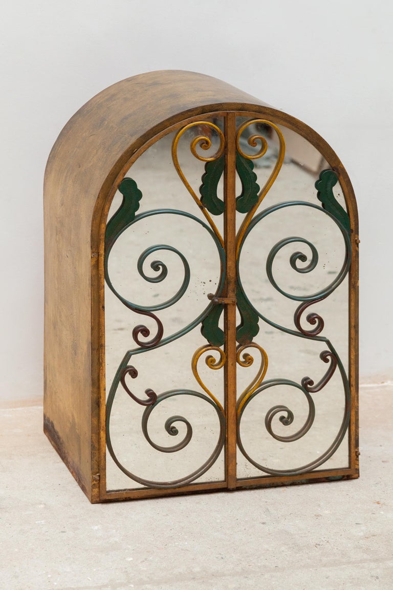 French Neoclassical Wrought Iron Wall Hanging Bar Cabinet, France, 1940s For Sale