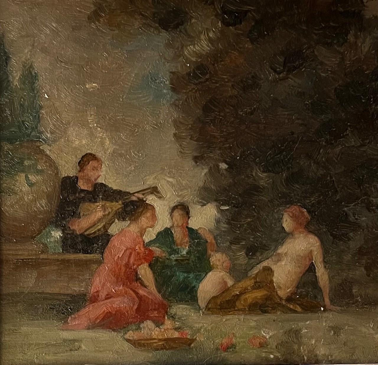 Allegorical Oil Sketch “al fresco” Picnic attrib. Pierre Puvis de Chavannes

Allegorical oil sketch “al fresco” picnic painting.
Preliminary study of the classical theme and recurring motif in French art, “the pleasure of a picnic”. The 19th century
