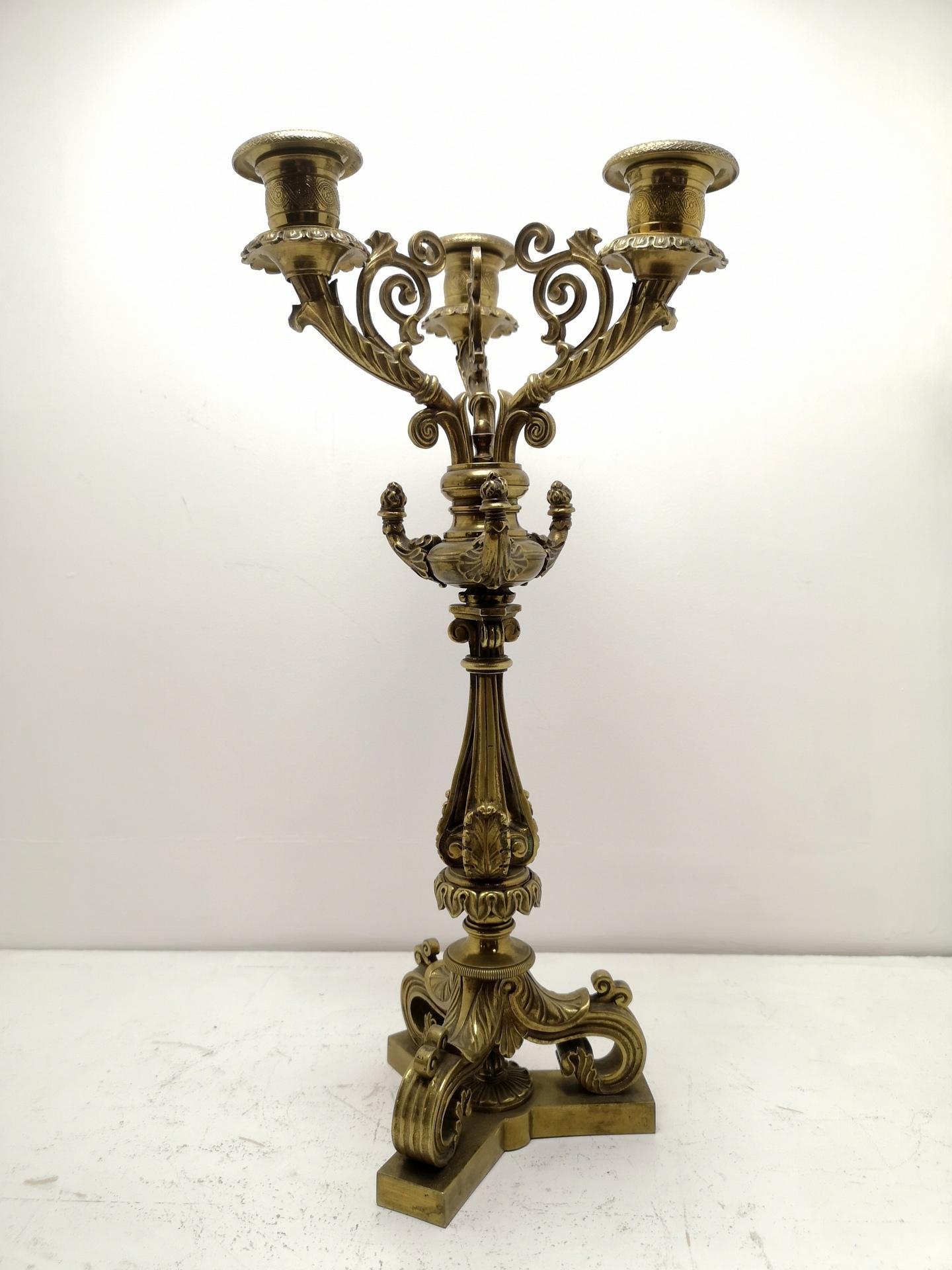 Sophisticated, three headed cast bronze candelabra, with highly detailed chiseled parts- great condition.