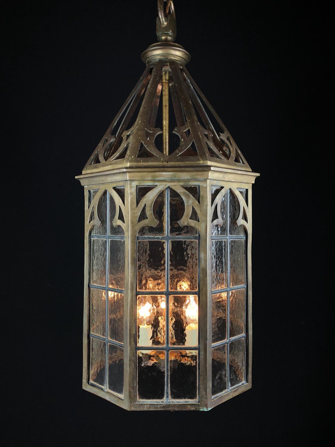 Neogothic brass hall lantern, late 19th century Gothic style. With lead lattice and frosted glass panels.