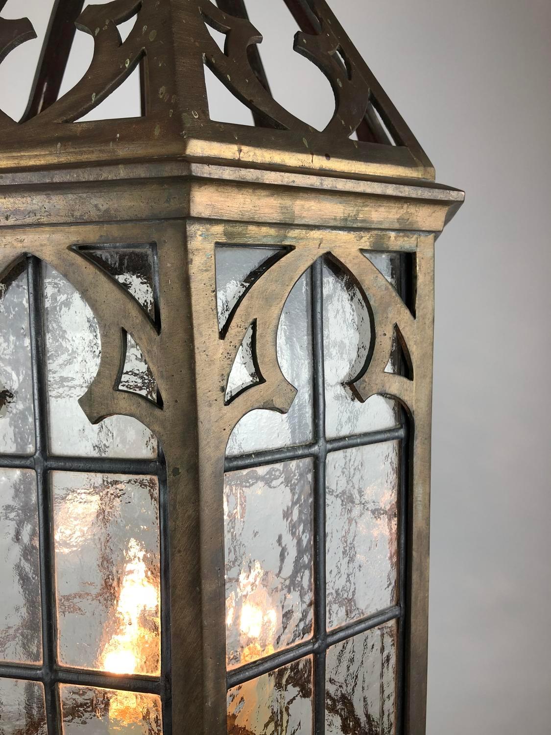 Neogothic Brass Hall Lantern, Late 19th Century Gothic Style, with Lead Lattice In Good Condition In London, GB