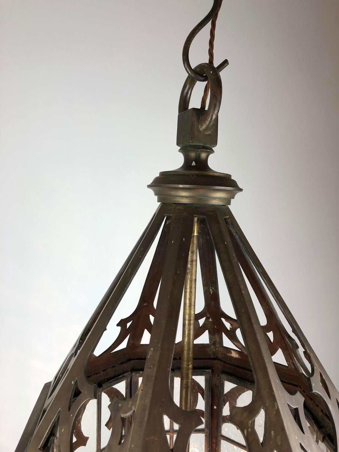 Neogothic Brass Hall Lantern, Late 19th Century Gothic Style, with Lead Lattice 1