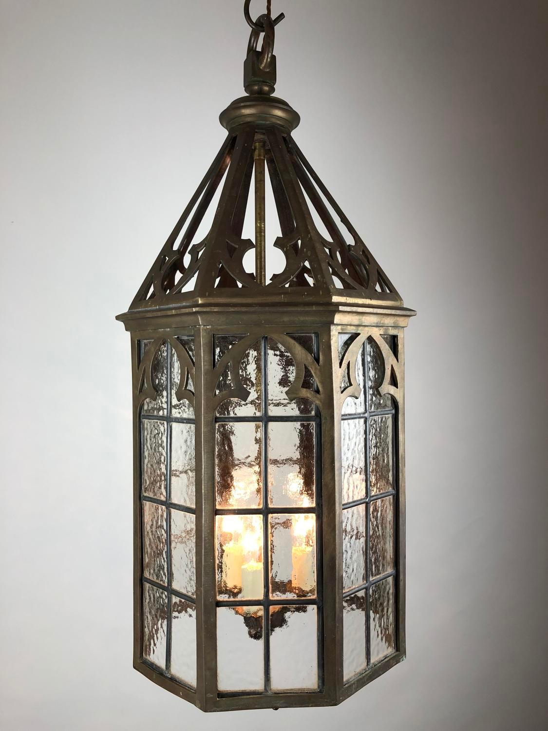 Neogothic Brass Hall Lantern, Late 19th Century Gothic Style, with Lead Lattice 2