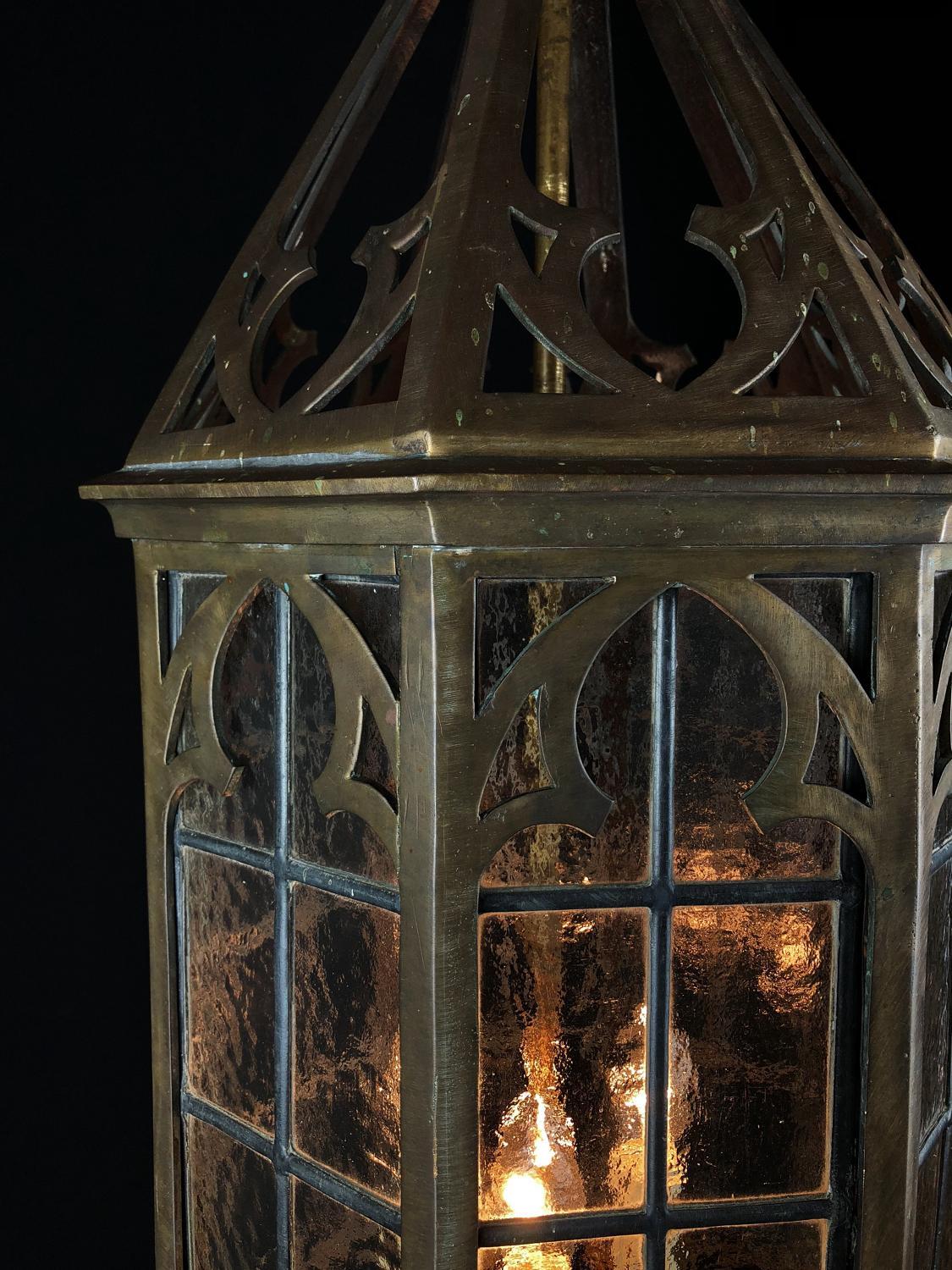 Neogothic Brass Hall Lantern, Late 19th Century Gothic Style, with Lead Lattice 4