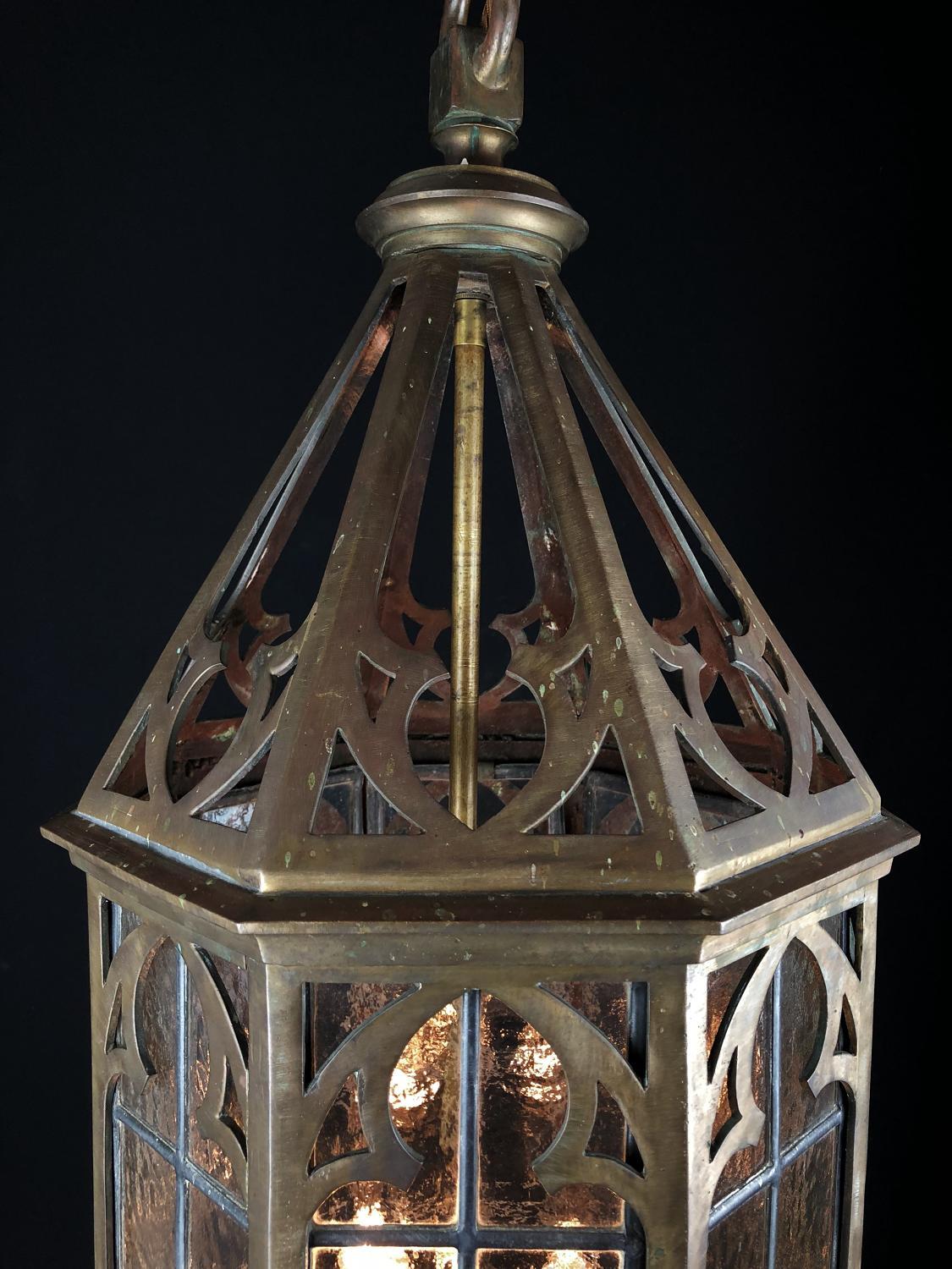 Neogothic Brass Hall Lantern, Late 19th Century Gothic Style, with Lead Lattice 5