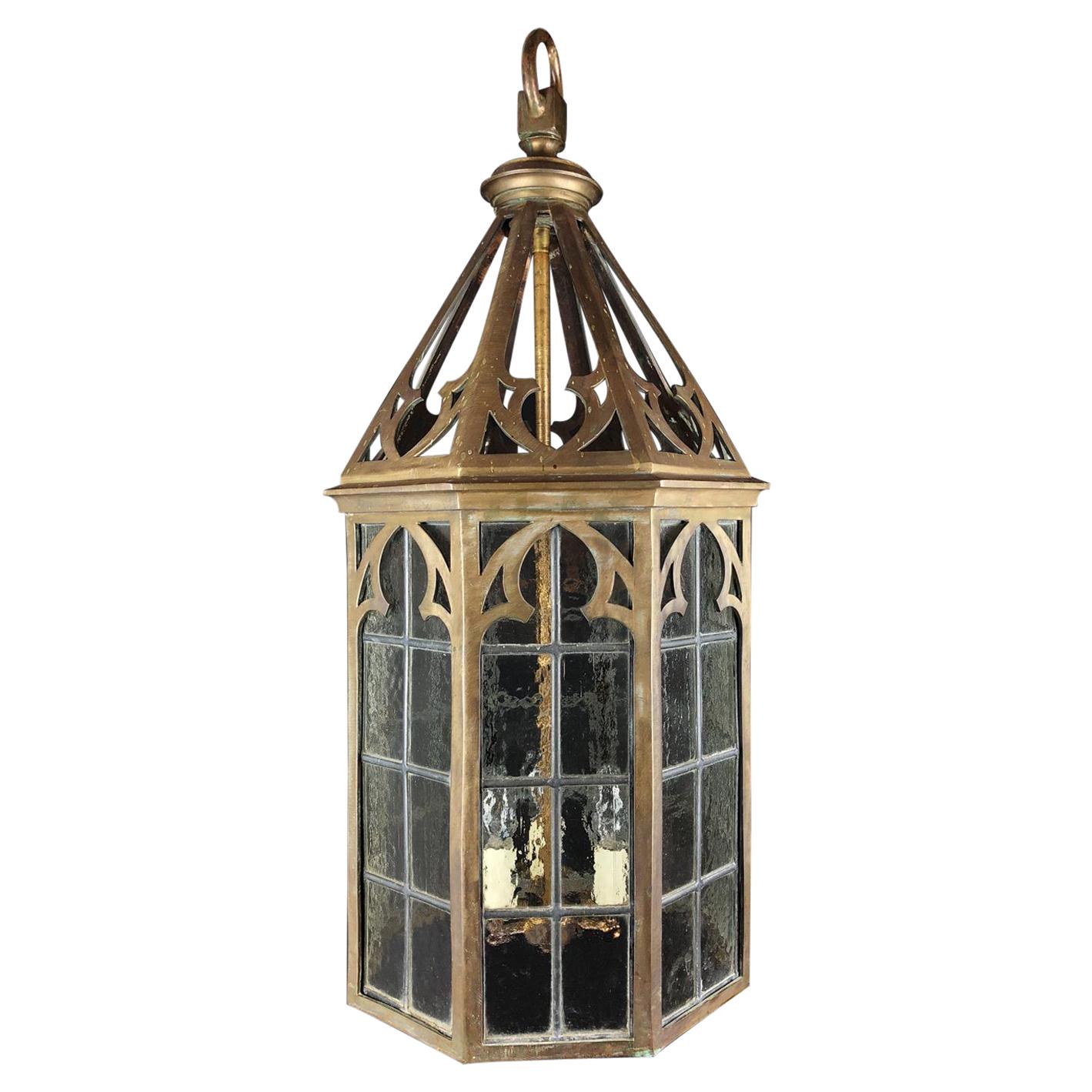 Neogothic Brass Hall Lantern, Late 19th Century Gothic Style, with Lead Lattice