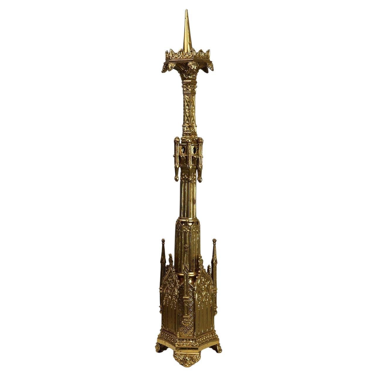 Neo‑Gothic Copper Church Candleholder Stamped “LL A Paris”, France ca. 1880