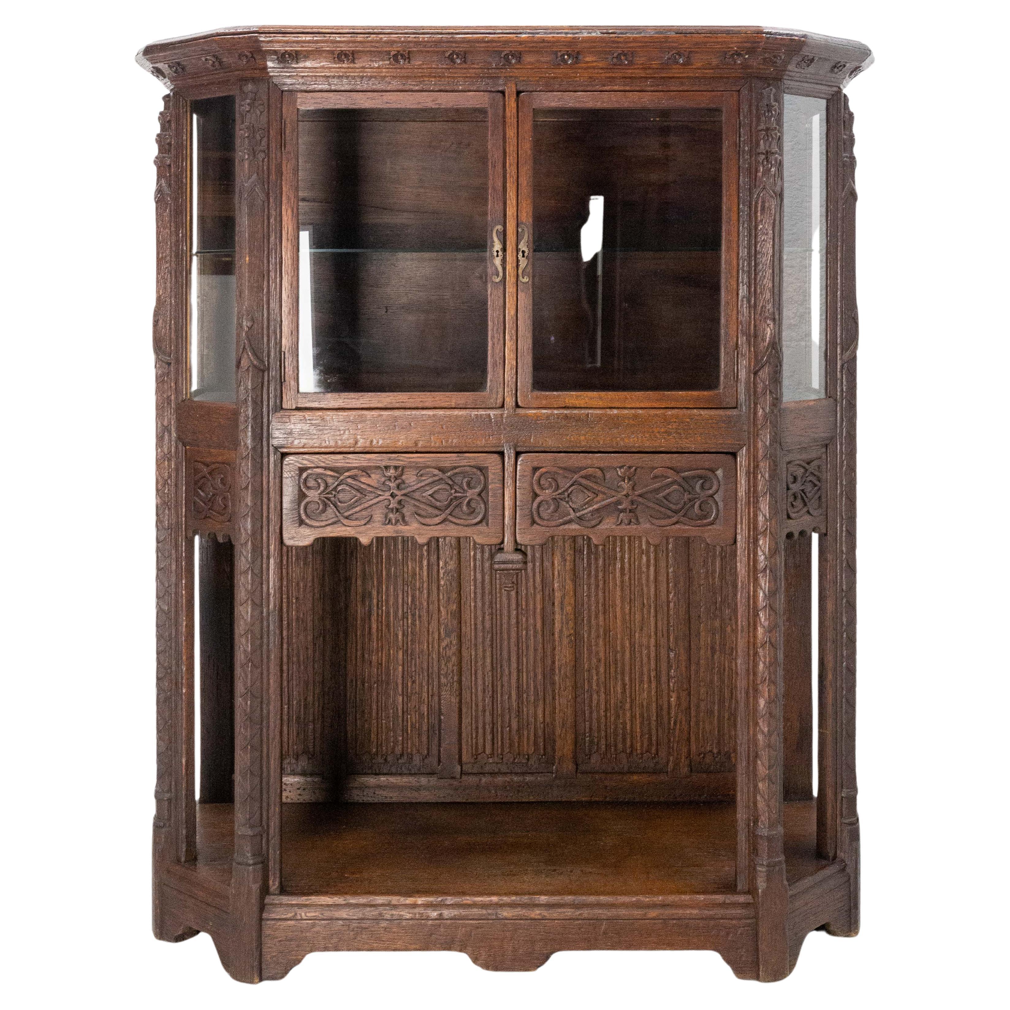 Neogothic Vitrine Oak and Glass, French, circa 1920