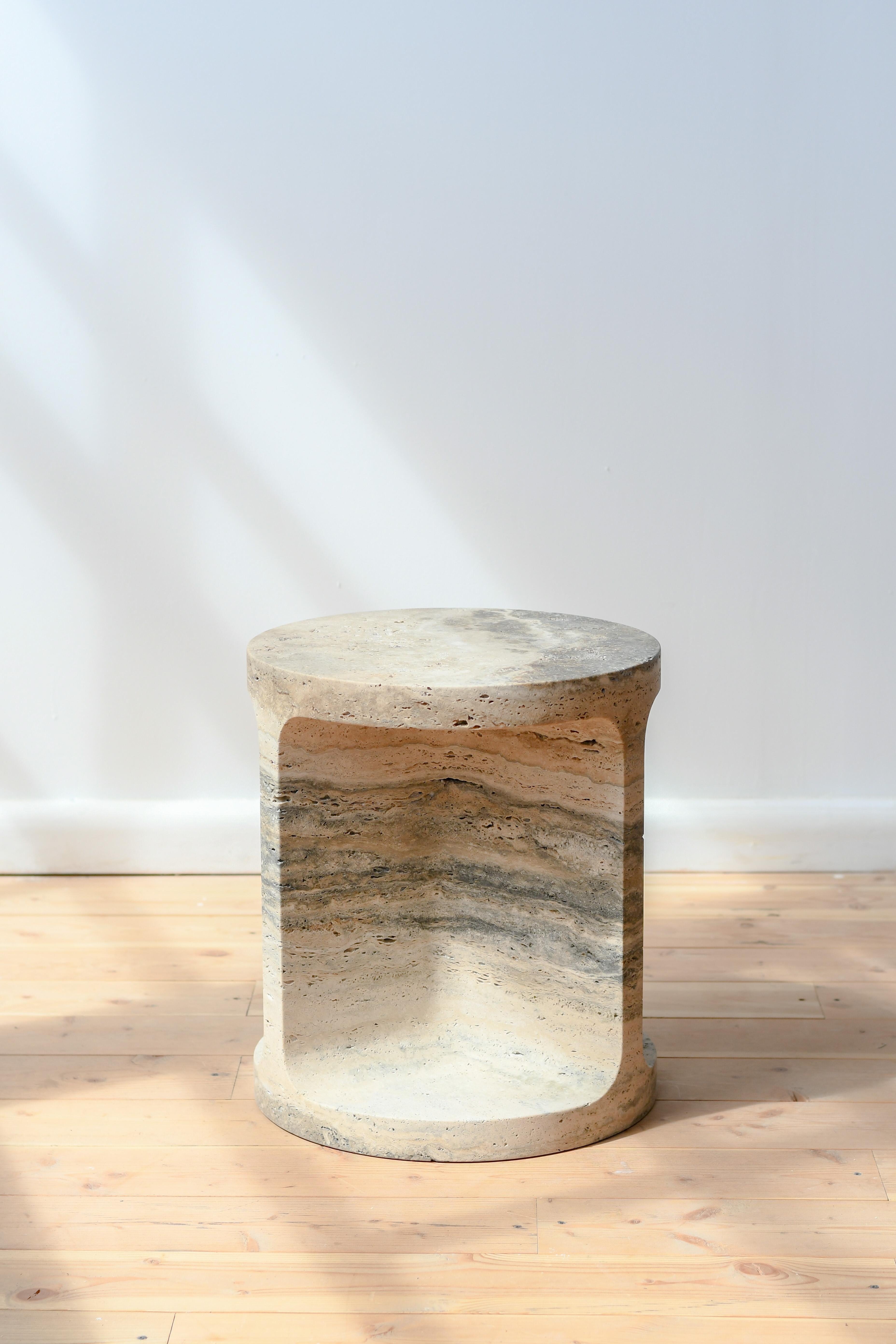 Canadian Neolith Stool and Side Table in Silver Travertine by Jeff Martin Joinery For Sale