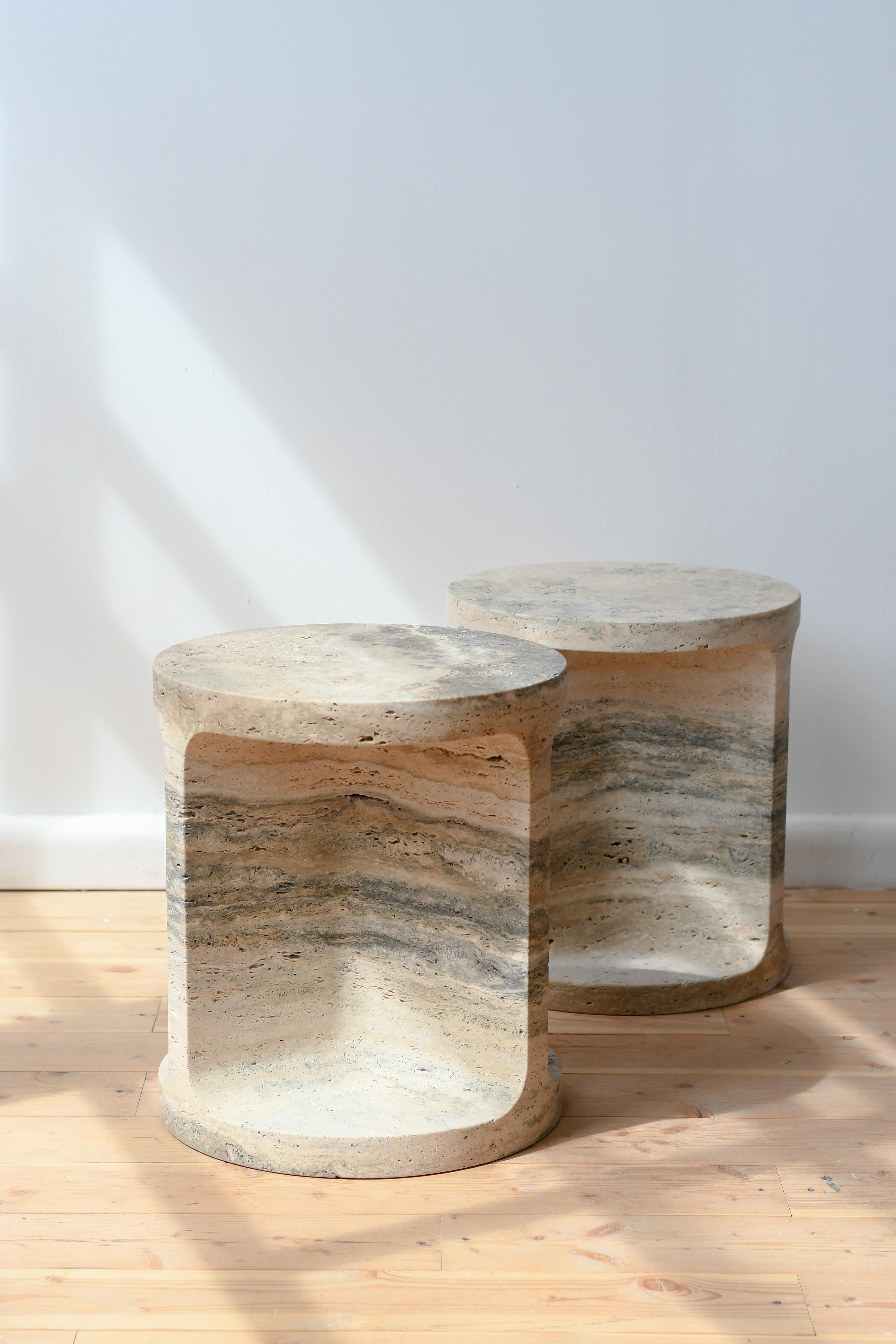 Neolith Stool and Side Table in Silver Travertine by Jeff Martin Joinery In New Condition For Sale In Vancouver, BC