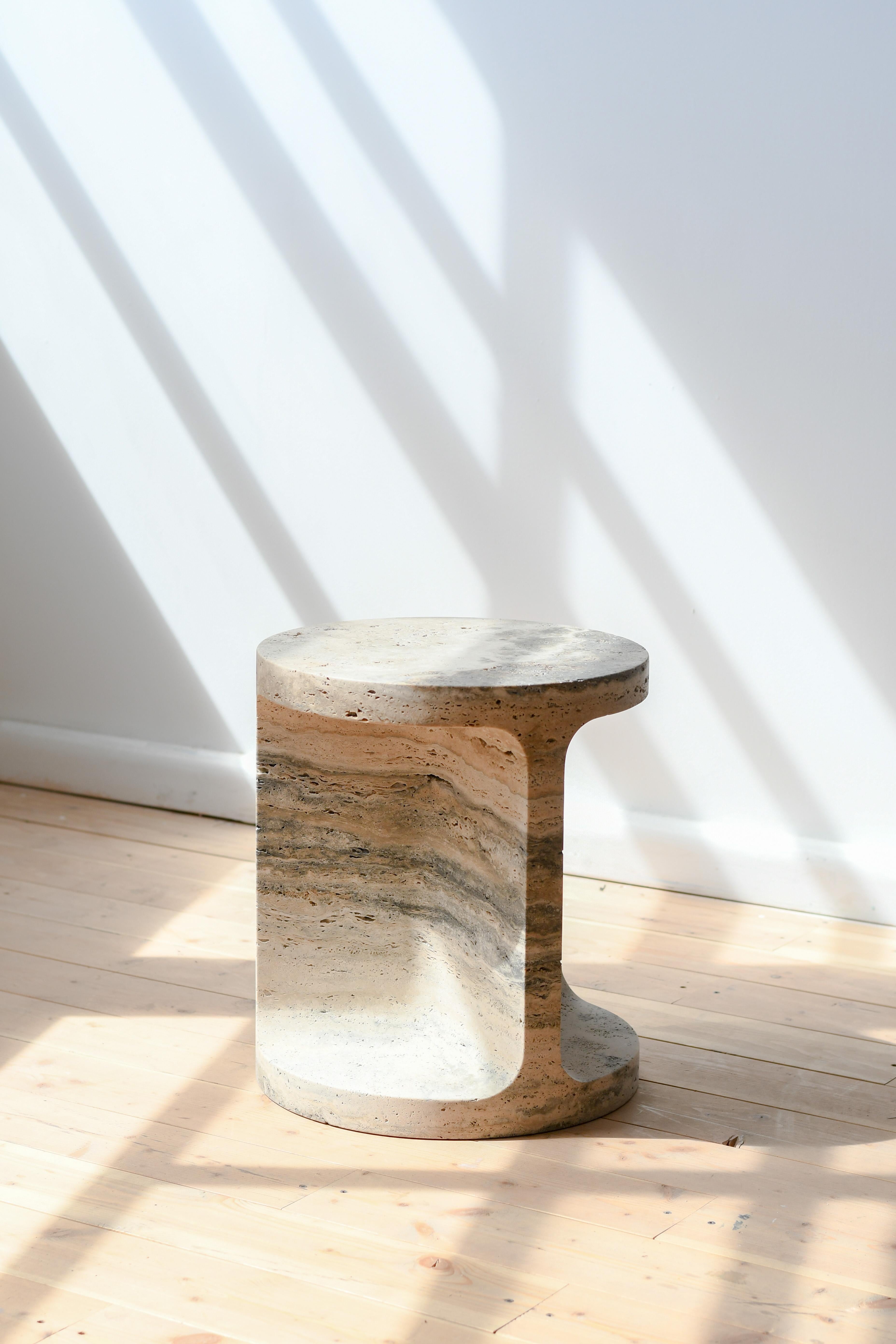 Contemporary Neolith Stool and Side Table in Silver Travertine by Jeff Martin Joinery For Sale