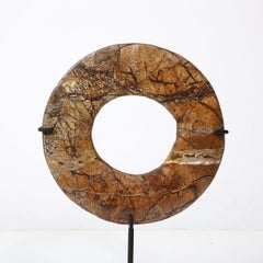 Neolithic Chinese Red Soapstone Bi Disc Carving on Iron Base