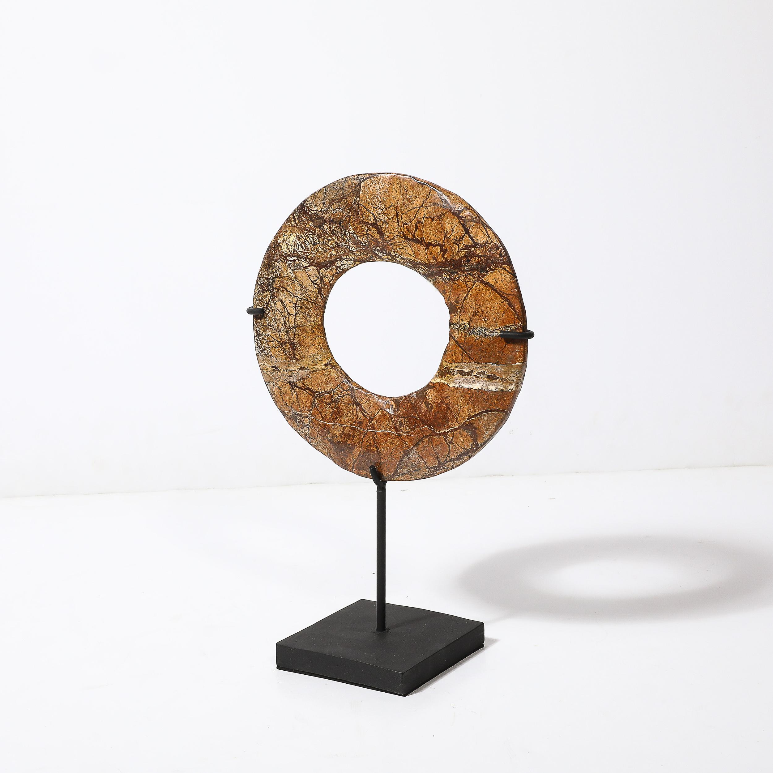 Chinese Export Neolithic Chinese Red Soapstone Bi Disc Carving on Iron Base For Sale