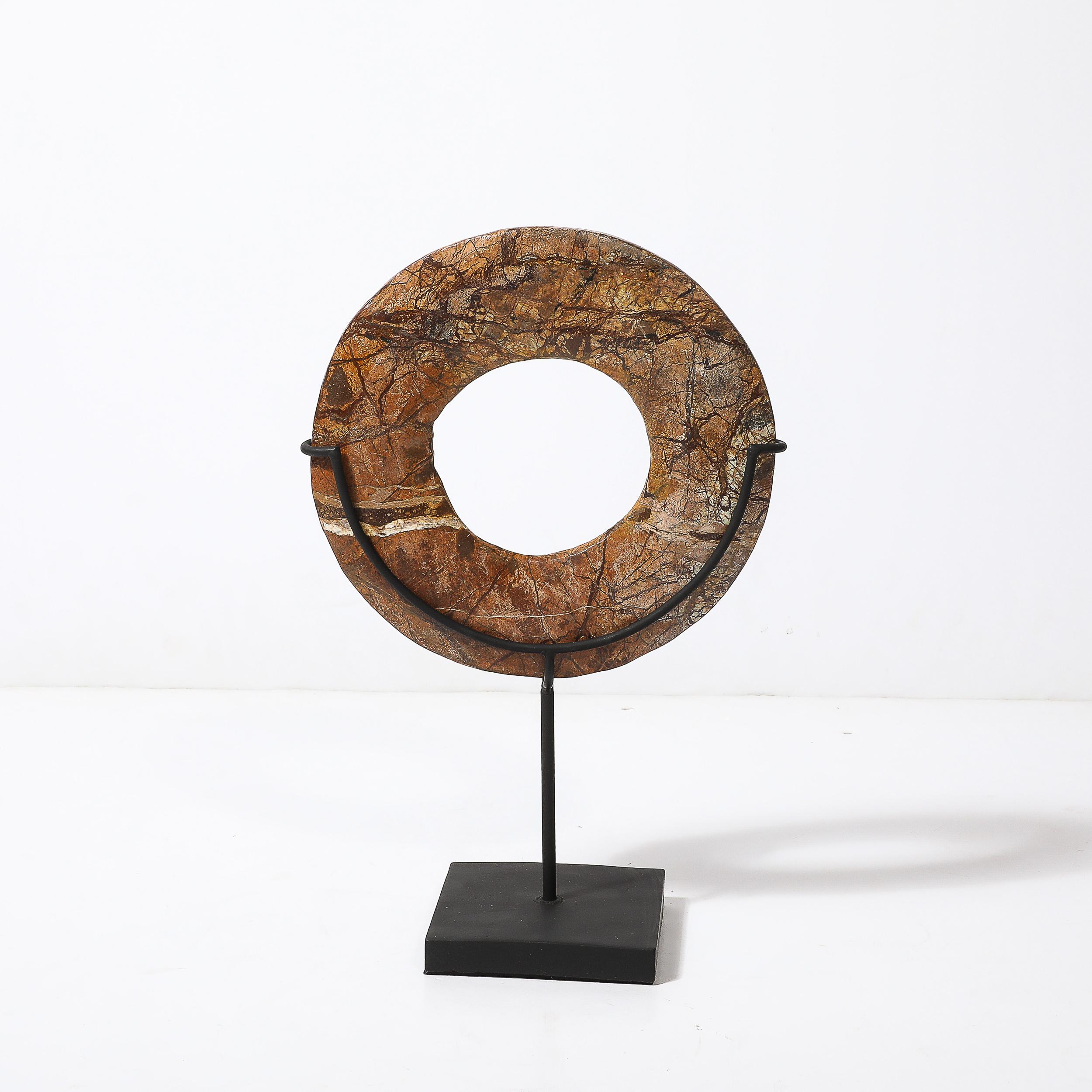 18th Century and Earlier Neolithic Chinese Red Soapstone Bi Disc Carving on Iron Base For Sale